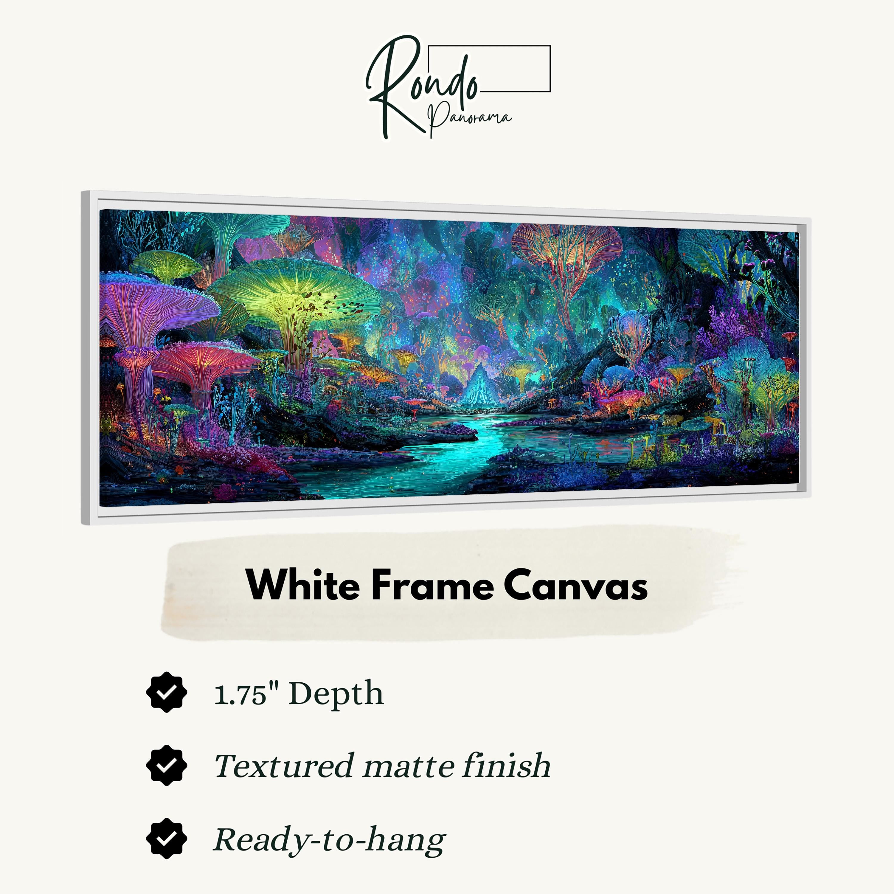 The image is a white frame canvas depicting a fantastical, colorful underwater scene with mushrooms, plants, and a winding river.