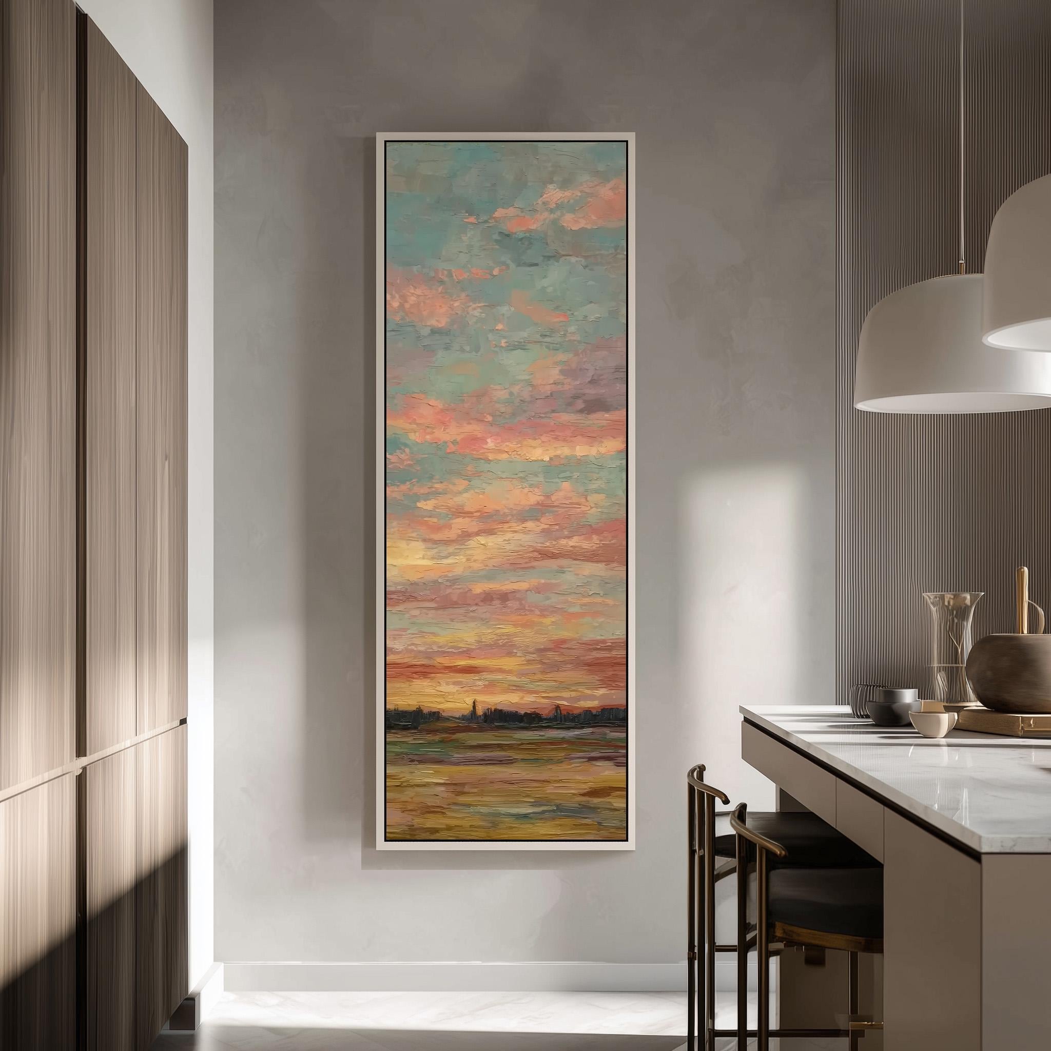 a large, colorful painting of a sunset over a landscape, hanging on a wall in a modern kitchen.