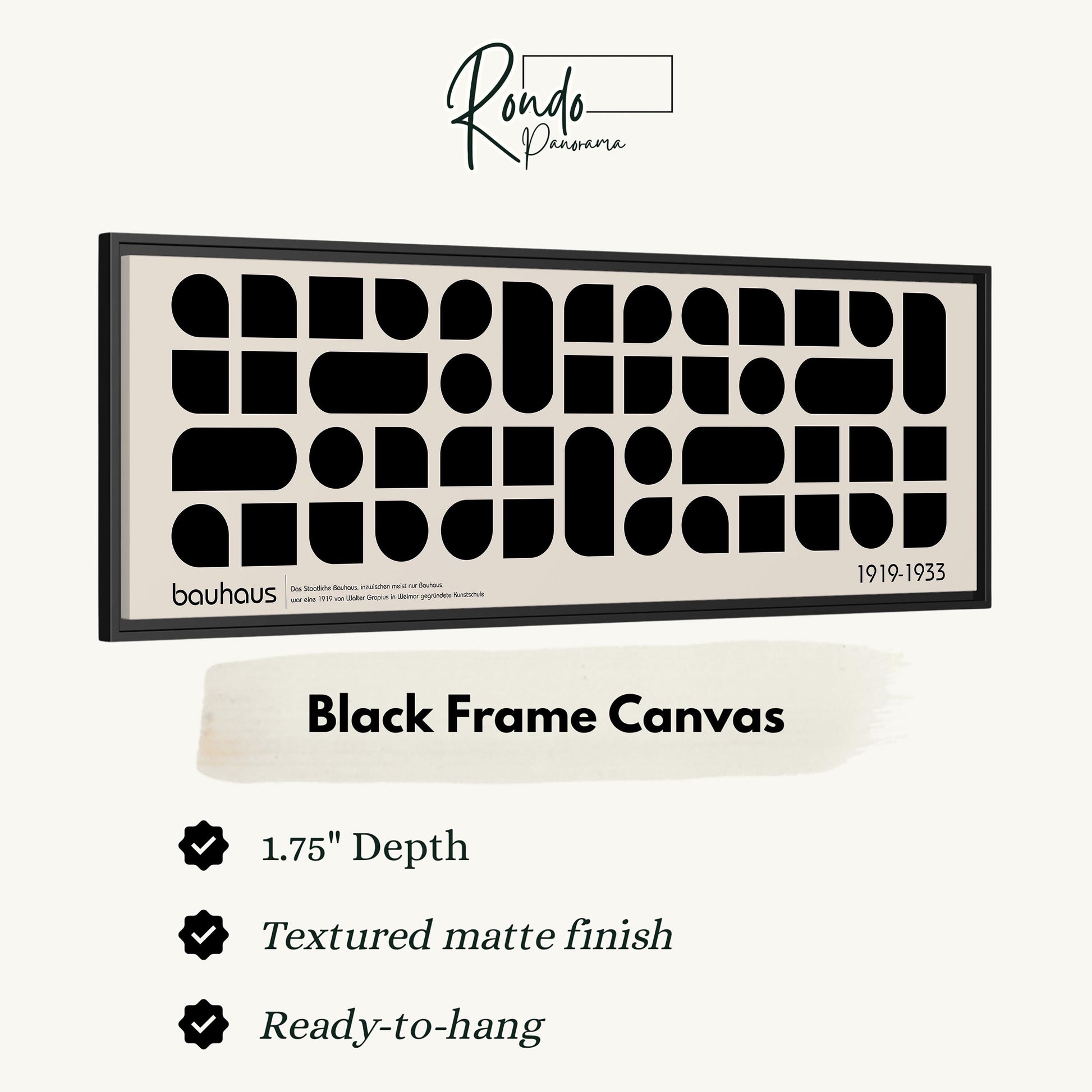 The image is a black frame canvas with a geometric pattern of black shapes, and it is described as a "Black Frame Canvas" with a "1.75" depth and a "Textured matte finish". It is also described as a "Ready-to-hang" frame.
