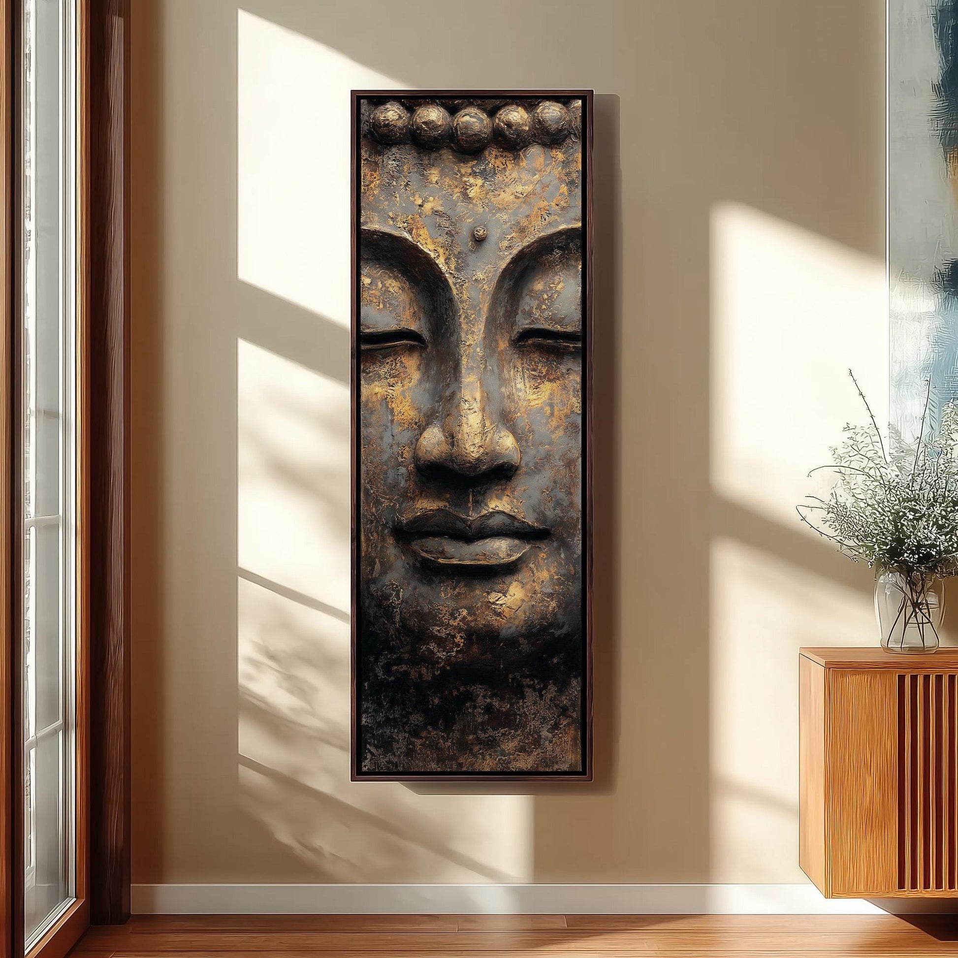 a large, ornate Buddha sculpture mounted on a wall in a room with a wooden cabinet and a vase of flowers.