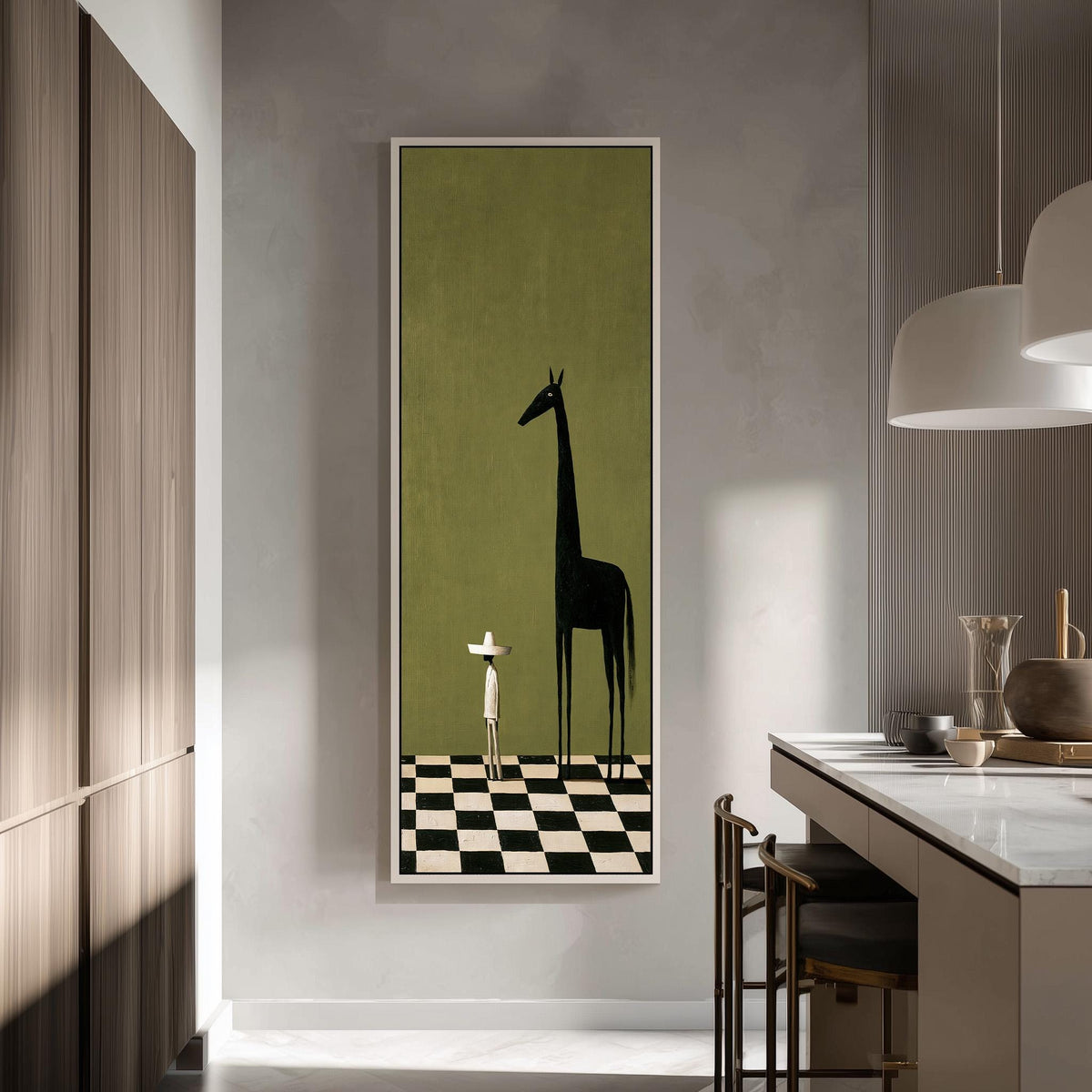 Towering black horse beside a tiny figure tall skinny canvas print in a modern kitchen