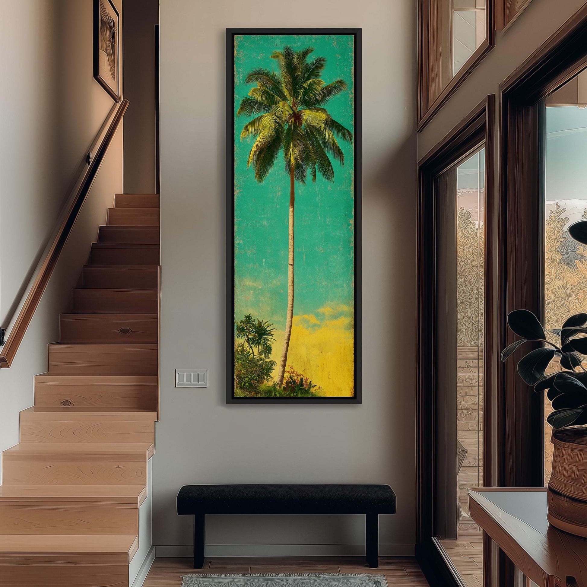 a large, colorful painting of a palm tree hanging on the wall of a room with wooden stairs and a bench.