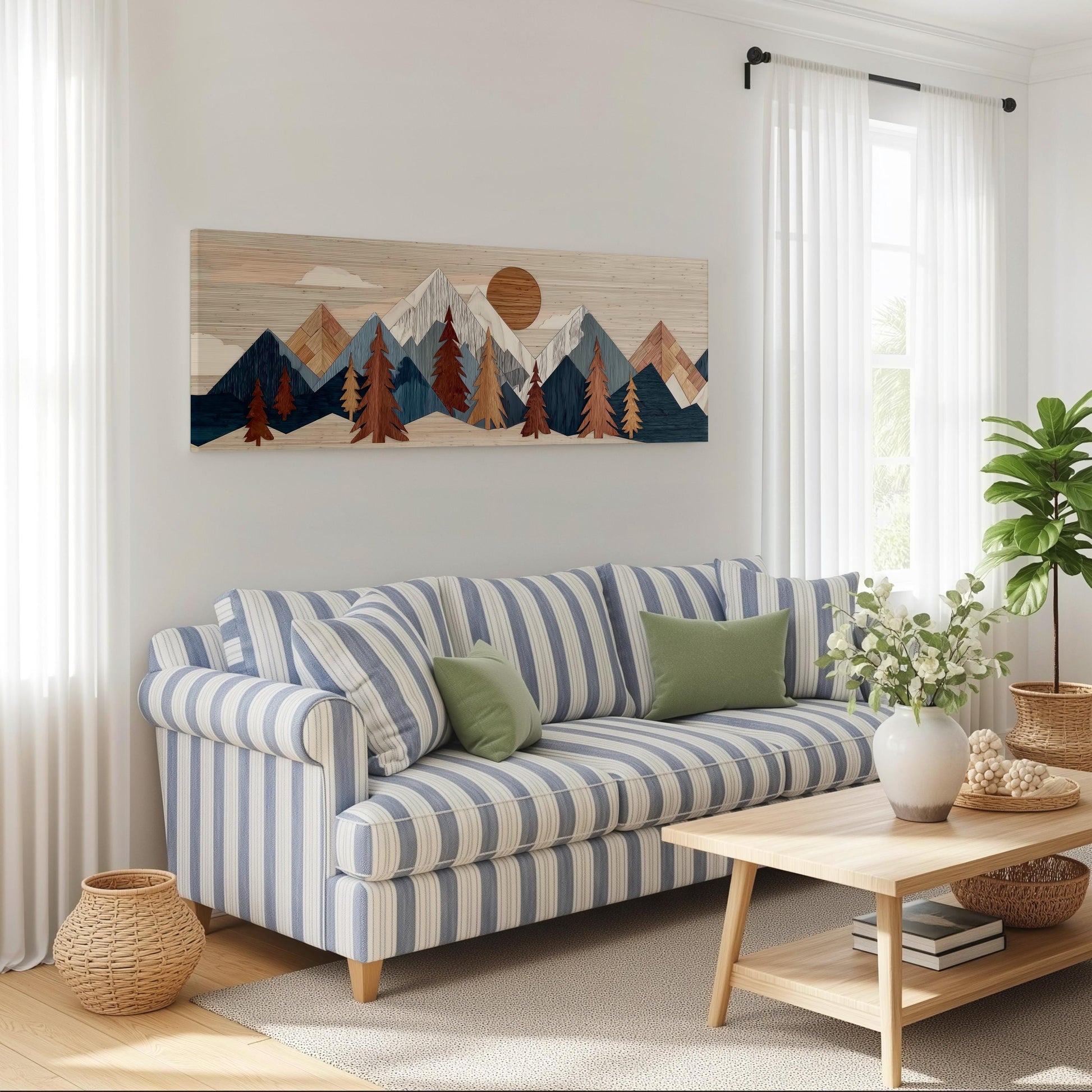 a cozy living room with a striped blue and white sofa, a wooden coffee table, and a large landscape painting hanging on the wall above the sofa.