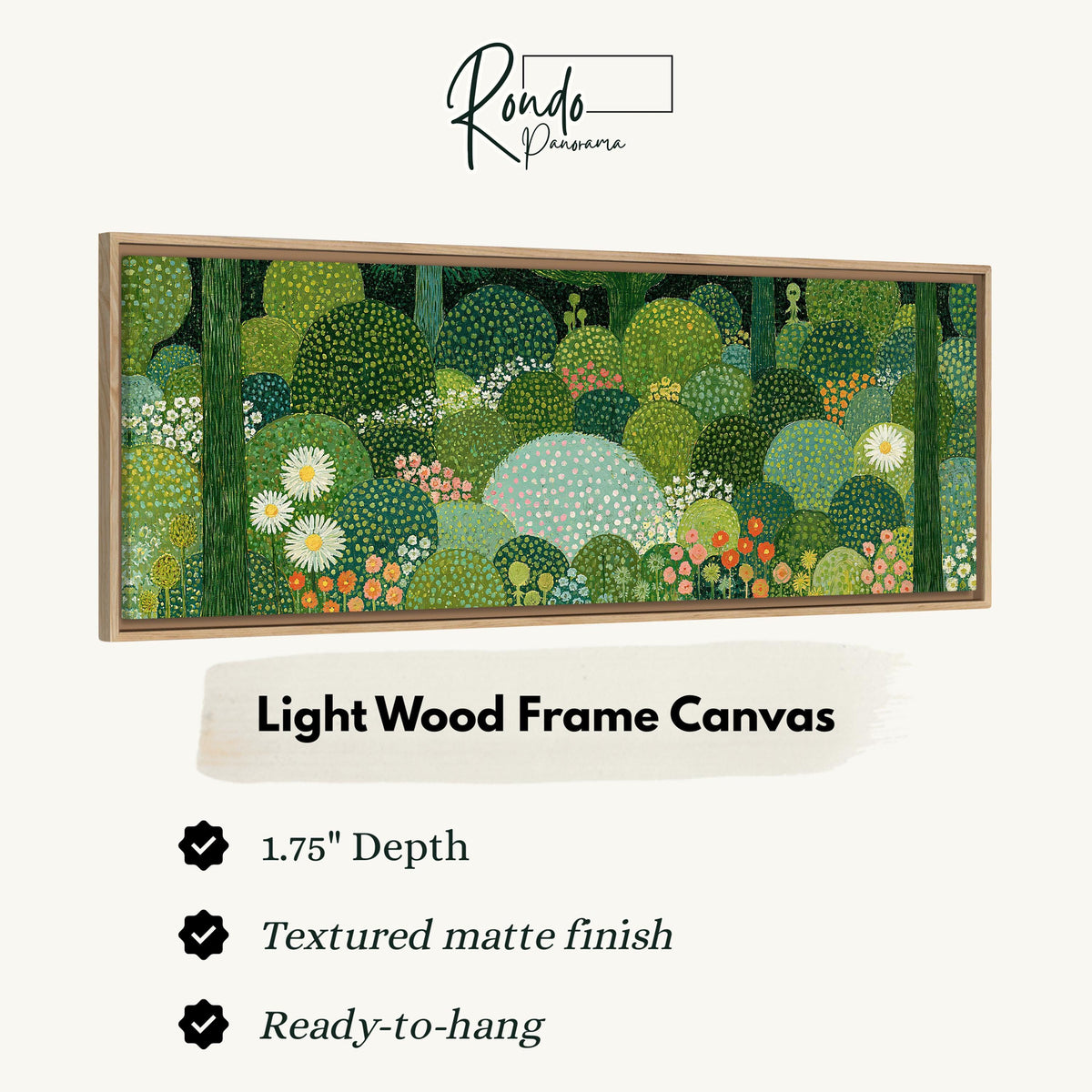 Whimsical dotted topiary garden canvas print in a light wood floating frame
