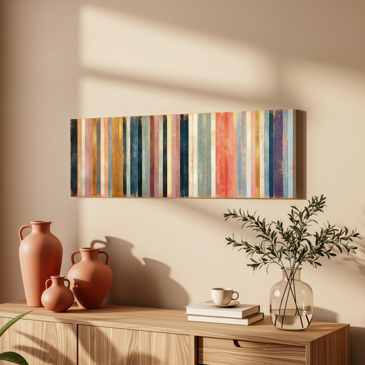 Blush, navy and gold gilded stripes long horizontal canvas print above a wooden sideboard