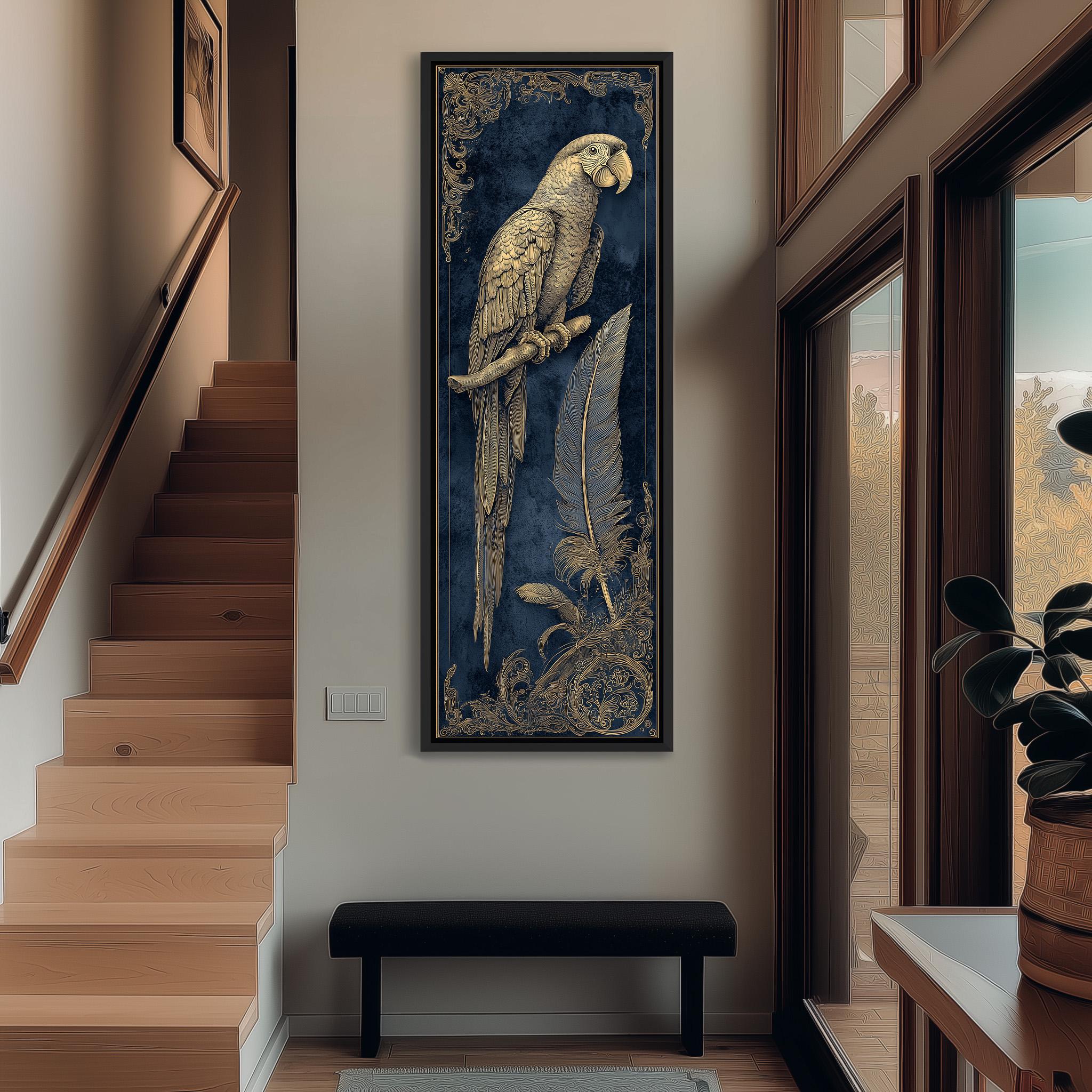a large, ornate painting of a parrot hanging on the wall of a hallway. The parrot is depicted in a detailed, gold-colored frame, adding a touch of elegance to the space. The hallway itself is well-lit, with a staircase visible on the left side of the image. A bench can be seen in the foreground, providing a place for people to sit and appreciate the artwork.