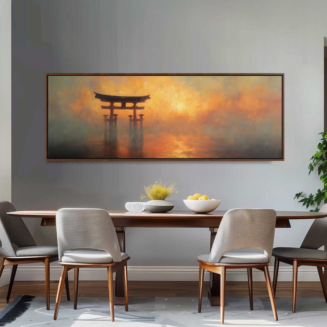a dining room with a large painting of a torii gate hanging on the wall above a wooden dining table with four chairs. The painting depicts a serene landscape with a torii gate in the background, surrounded by a misty atmosphere.