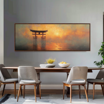 a dining room with a large painting of a torii gate hanging on the wall above a wooden dining table with four chairs. The painting depicts a serene landscape with a torii gate in the background, surrounded by a misty atmosphere.