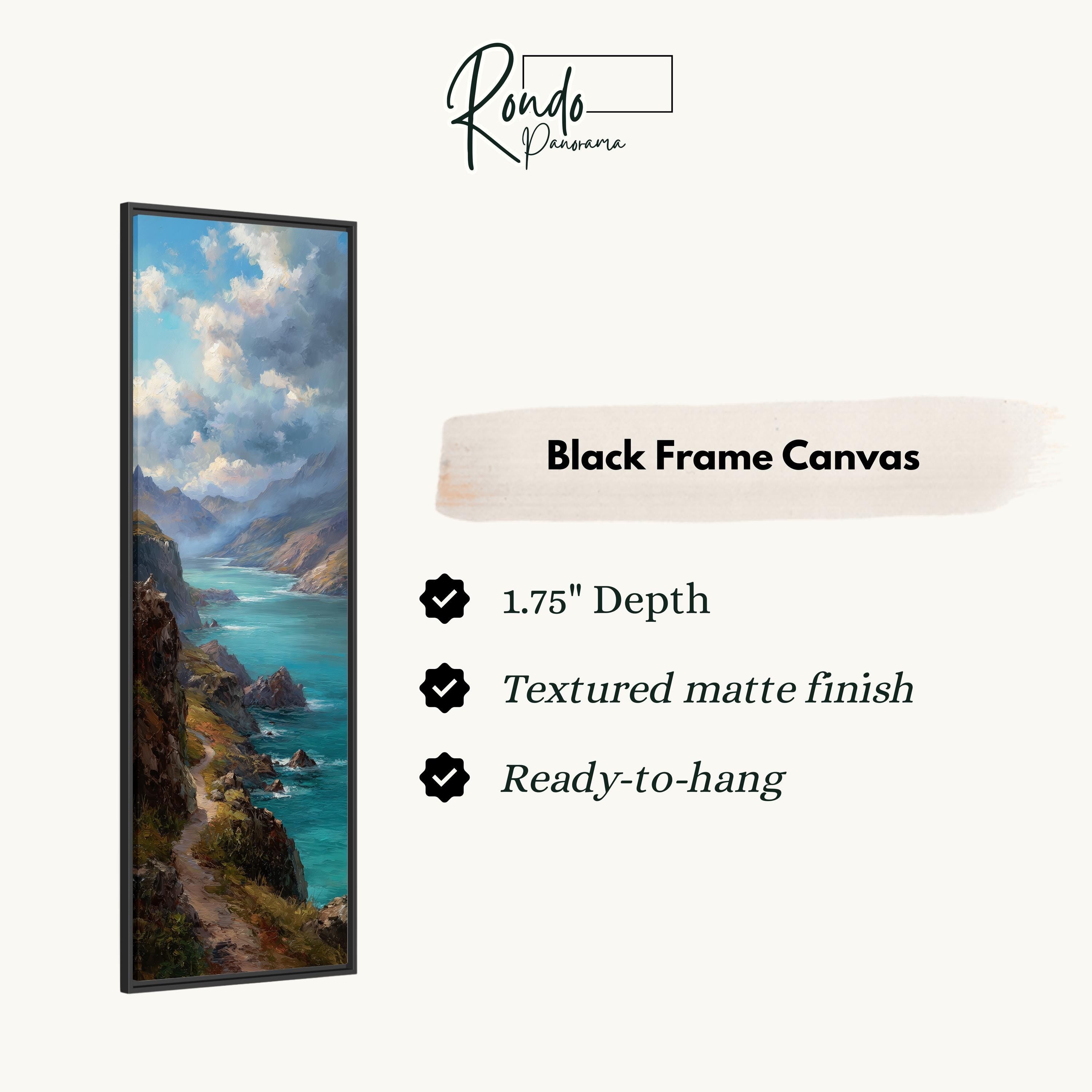 The image is a black frame canvas depicting a scenic landscape with a winding path leading to a body of water.