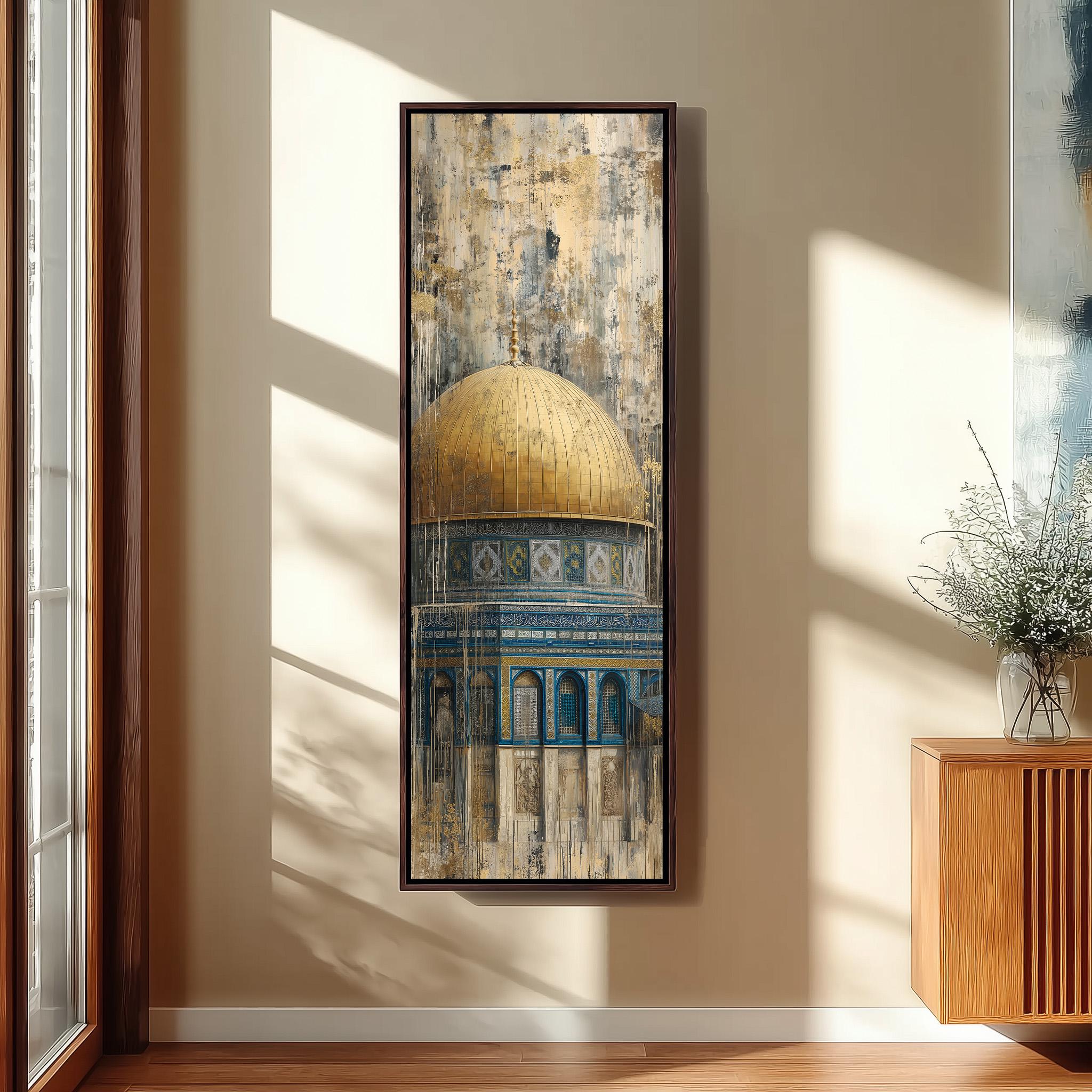 a large framed painting of a golden dome on a building, hanging on a wall in a room with a wooden cabinet and a vase of flowers.