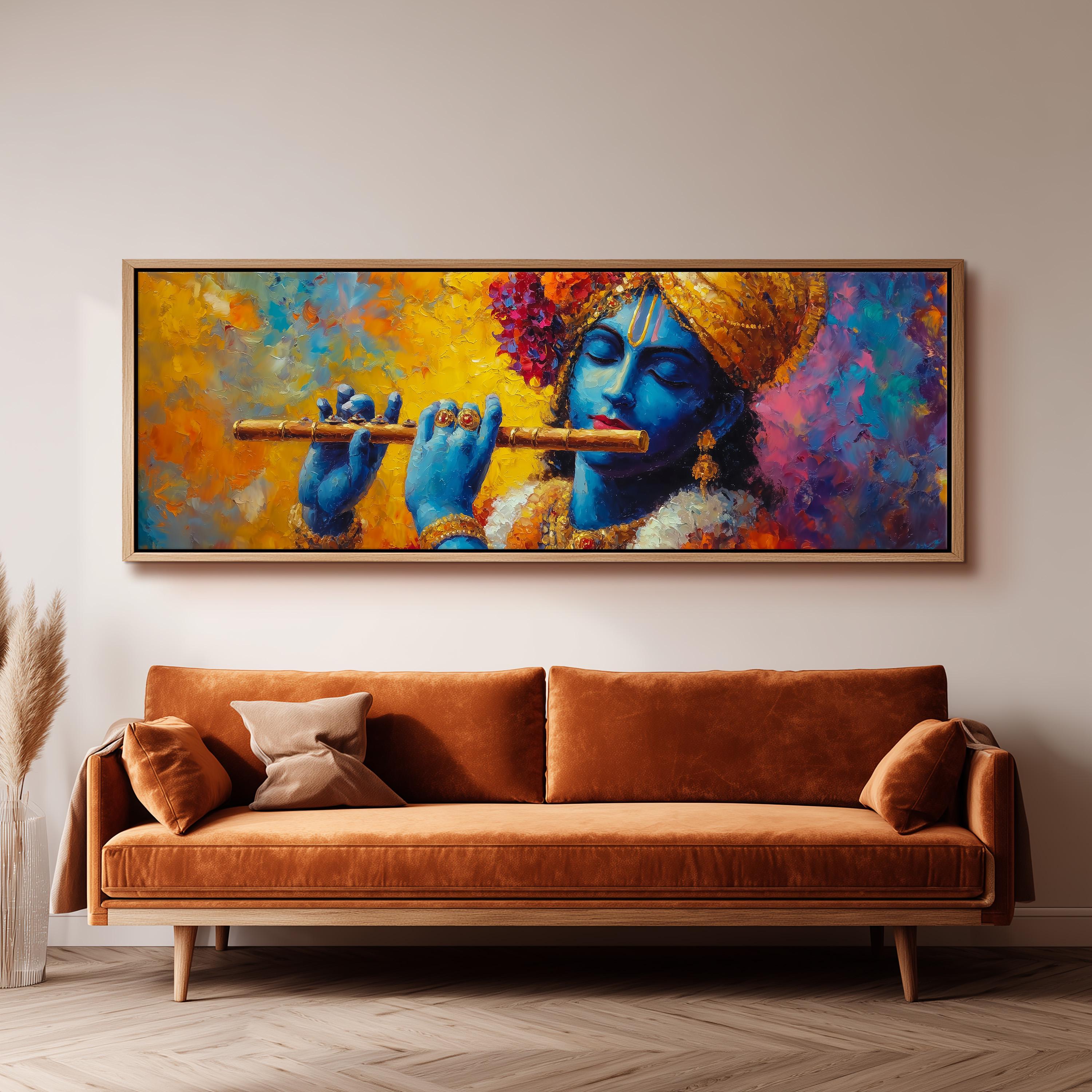 a large painting of a blue-skinned man playing a flute, hanging on a wall above a brown sofa.