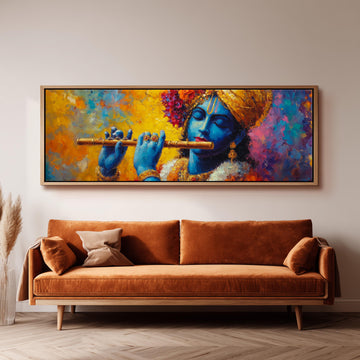 a large painting of a blue-skinned man playing a flute, hanging on a wall above a brown sofa.