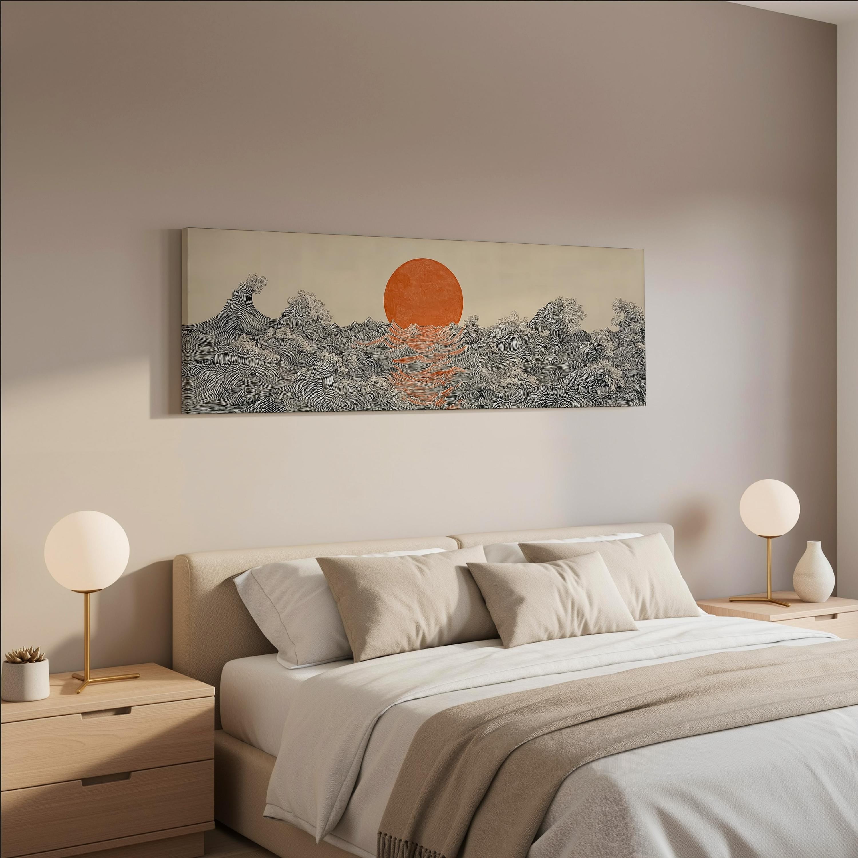 a serene bedroom scene with a large bed, two nightstands with lamps, and a large wall art piece depicting a sunset over a body of water.