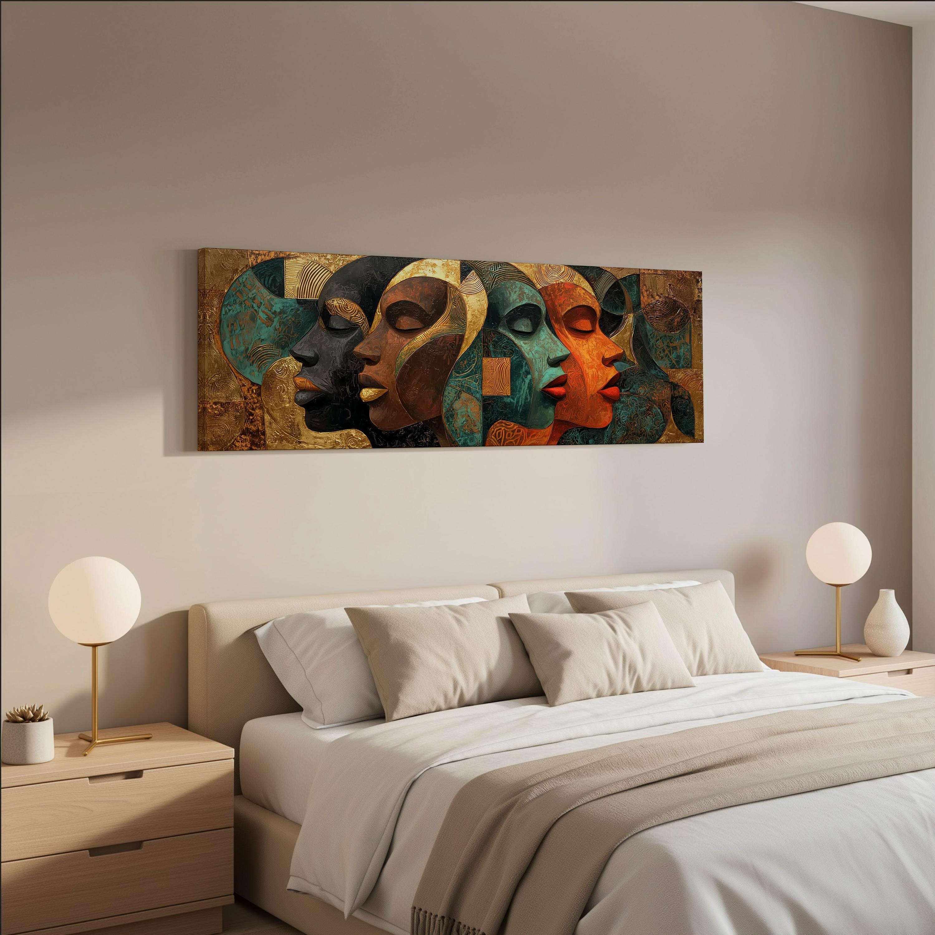a modern bedroom with a large abstract painting of colorful faces hanging on the wall above a bed with white bedding.