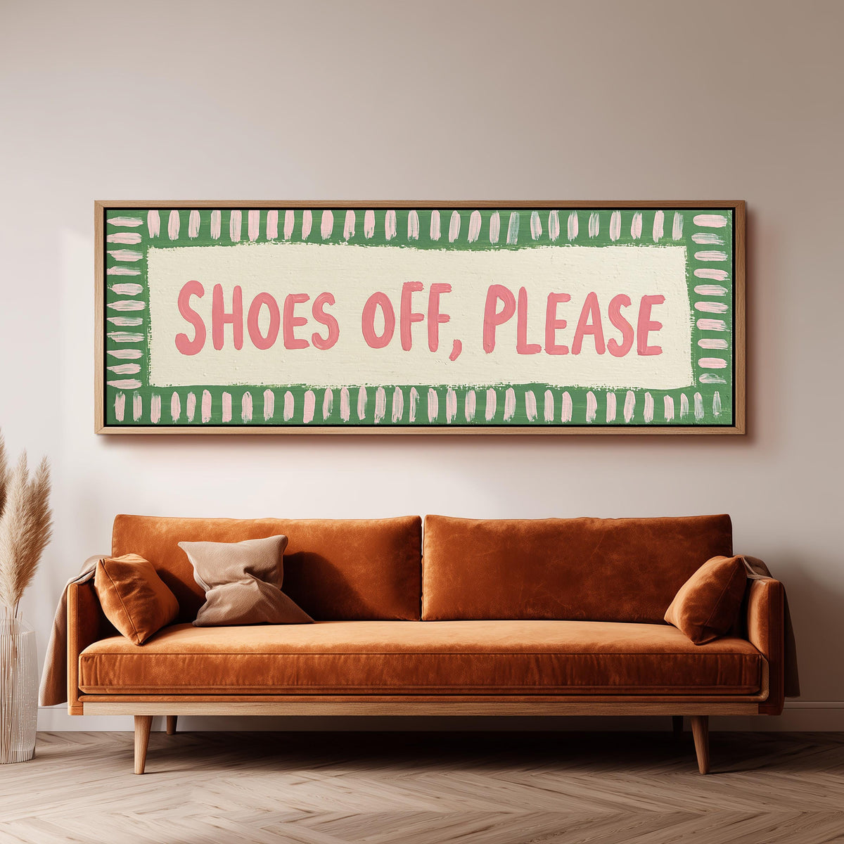 Shoes off, please sign wide panoramic canvas print above a bench in a dark living room
