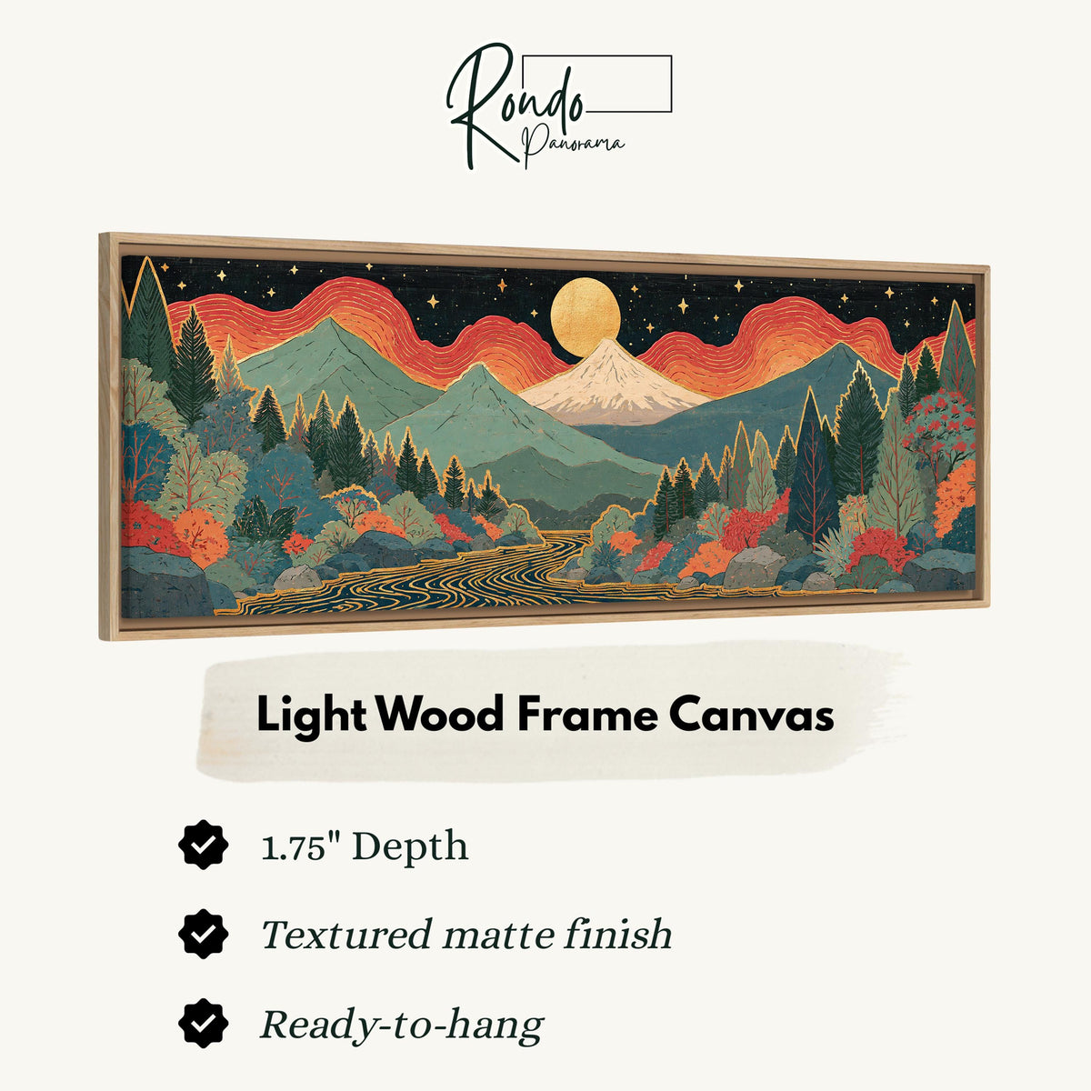 Mystic mountains under a moonrise canvas print in a light wood floating frame