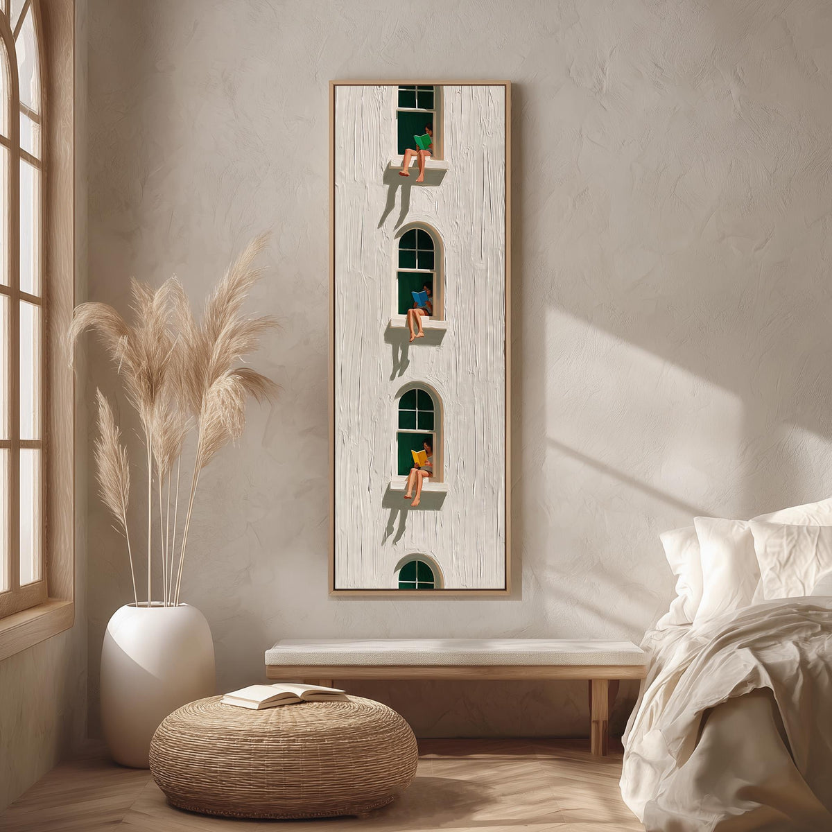 Readers sitting in stacked arched windows long vertical canvas print in a bright reading corner