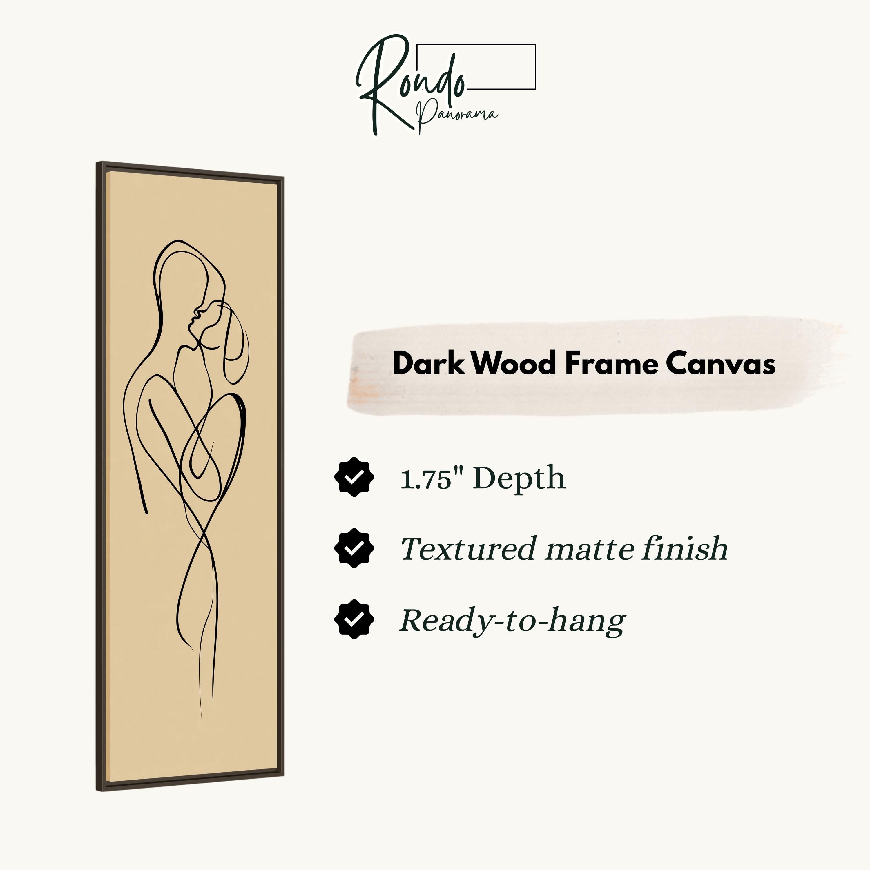 The image is a product description for a dark wood frame canvas. It features a simple line drawing of a woman and a checkmark next to it. The description highlights the canvas's features, such as its 1.75" depth, textured matte finish, and ready-to-hang nature.