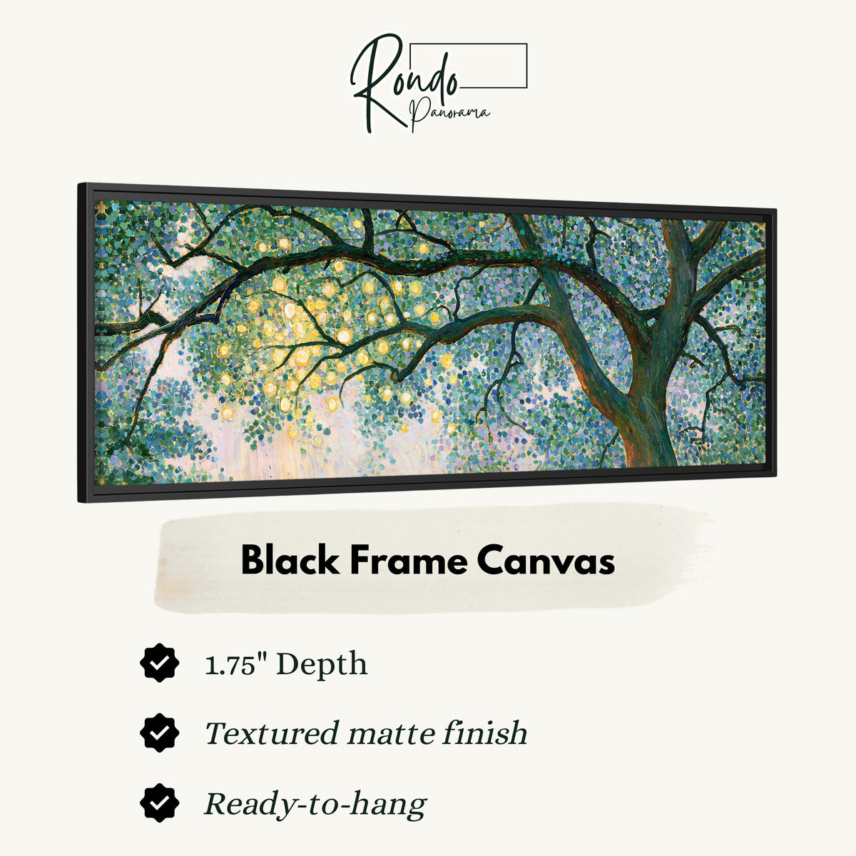 Tree canopy with golden light canvas print in a black floating frame