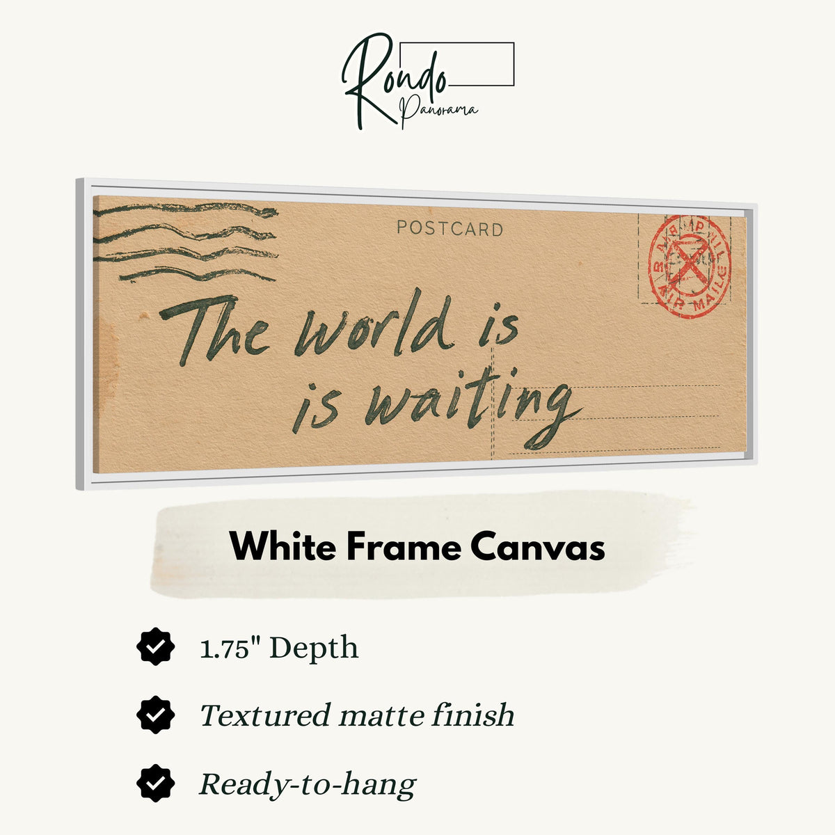 Vintage postcard saying the world is waiting canvas print in a white floating frame