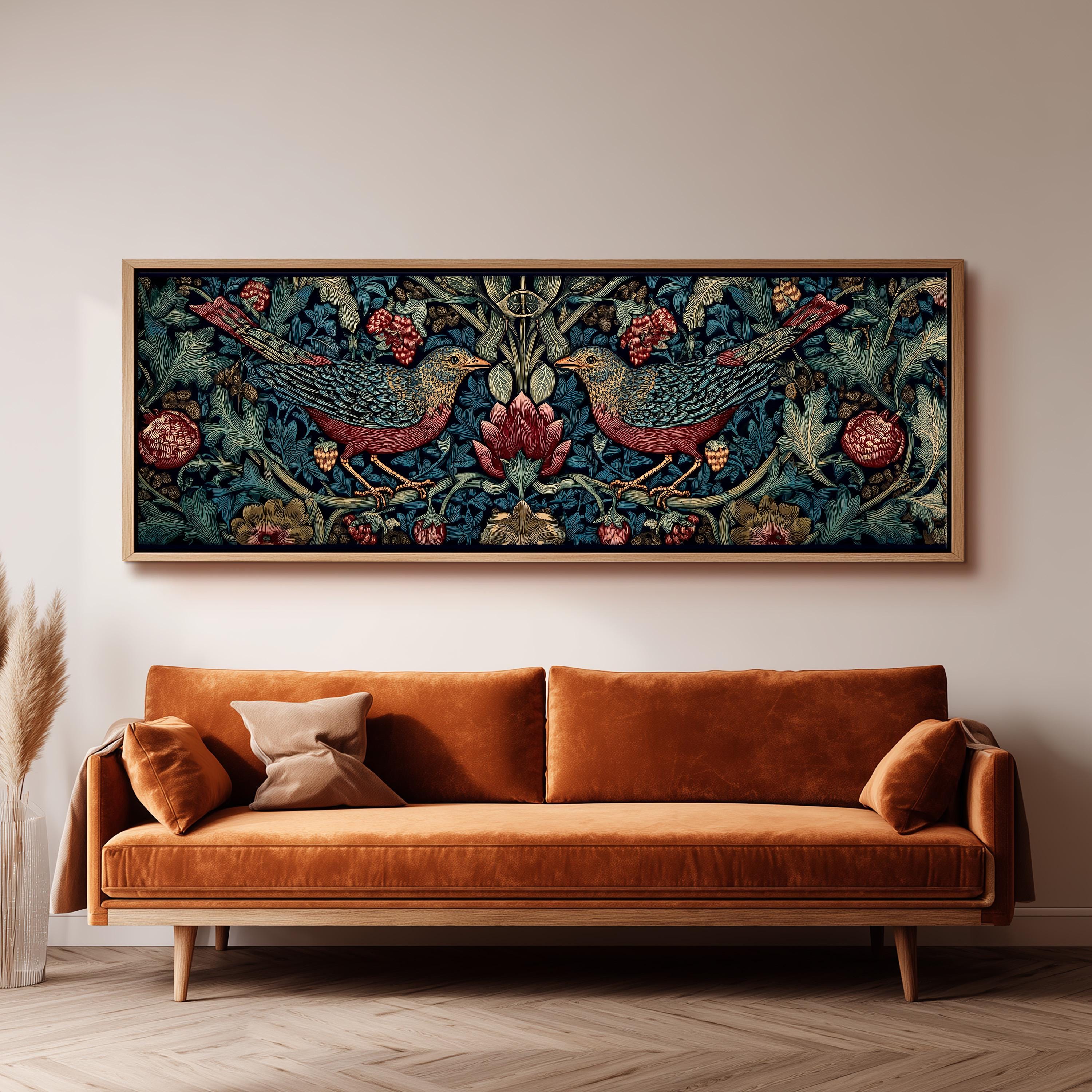 a large, ornate, and colorful tapestry or painting hanging on a wall above a brown sofa.