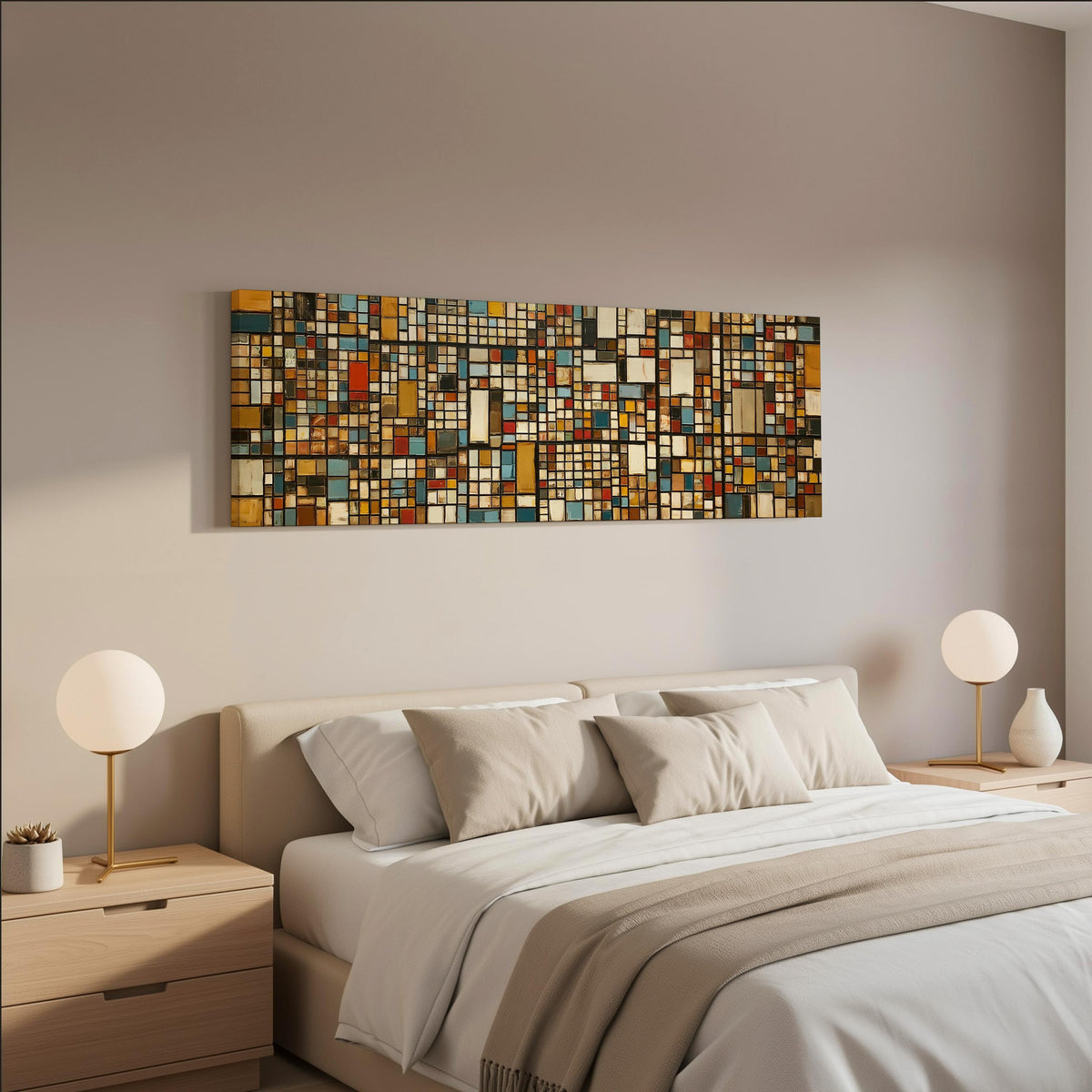 Ochre and blue mosaic tiles with red accents wide panoramic canvas print above a bed in a neutral bedroom
