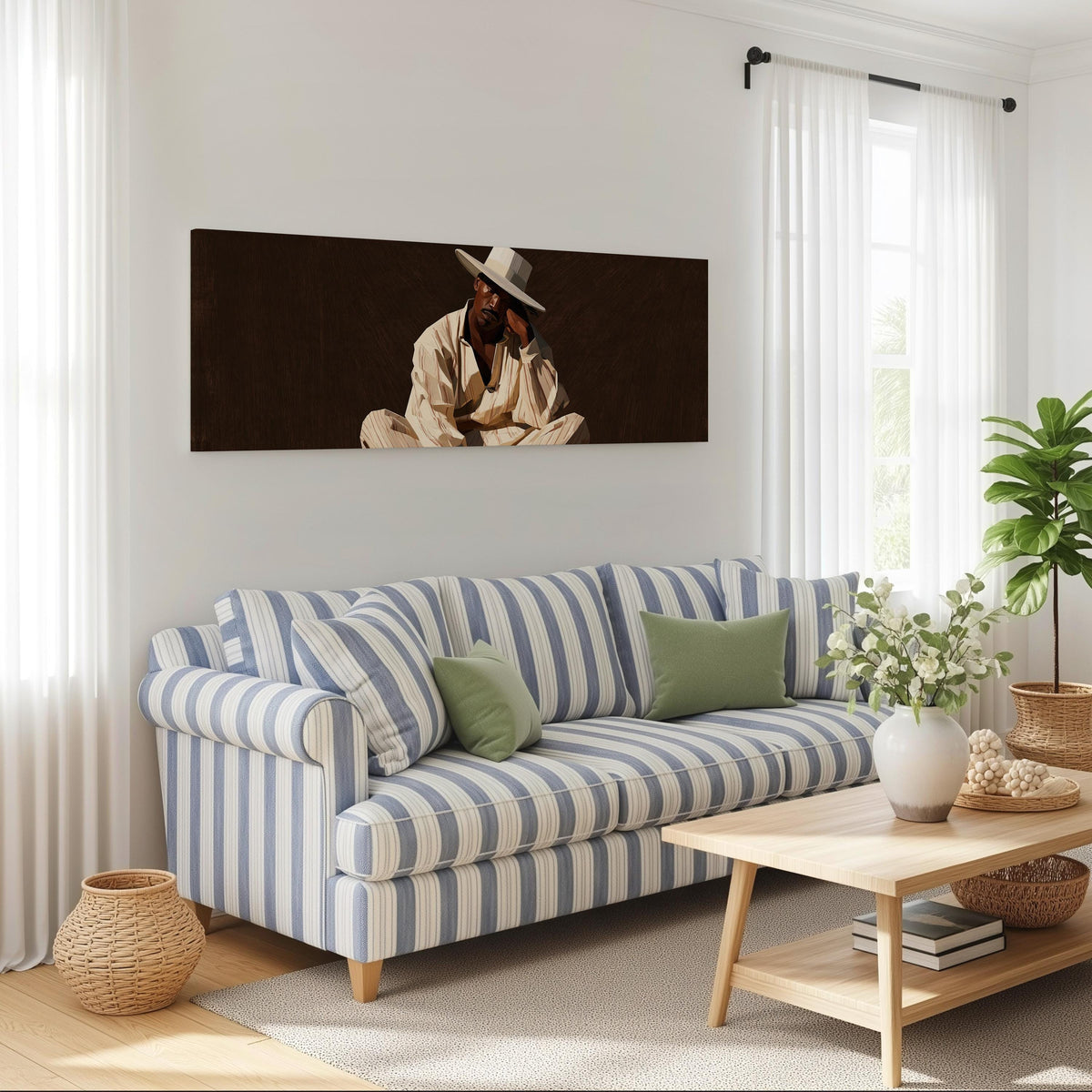 Pensive man in a white hat on brown long horizontal canvas print above a striped sofa in a coastal living room