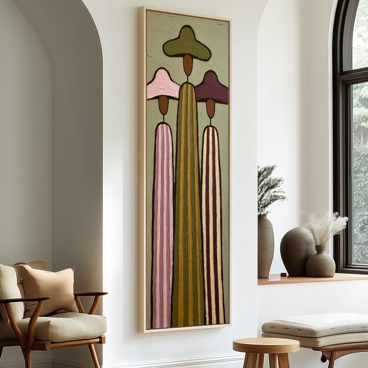 Three tall striped figures in wide hats long vertical canvas print in a sunlit living space