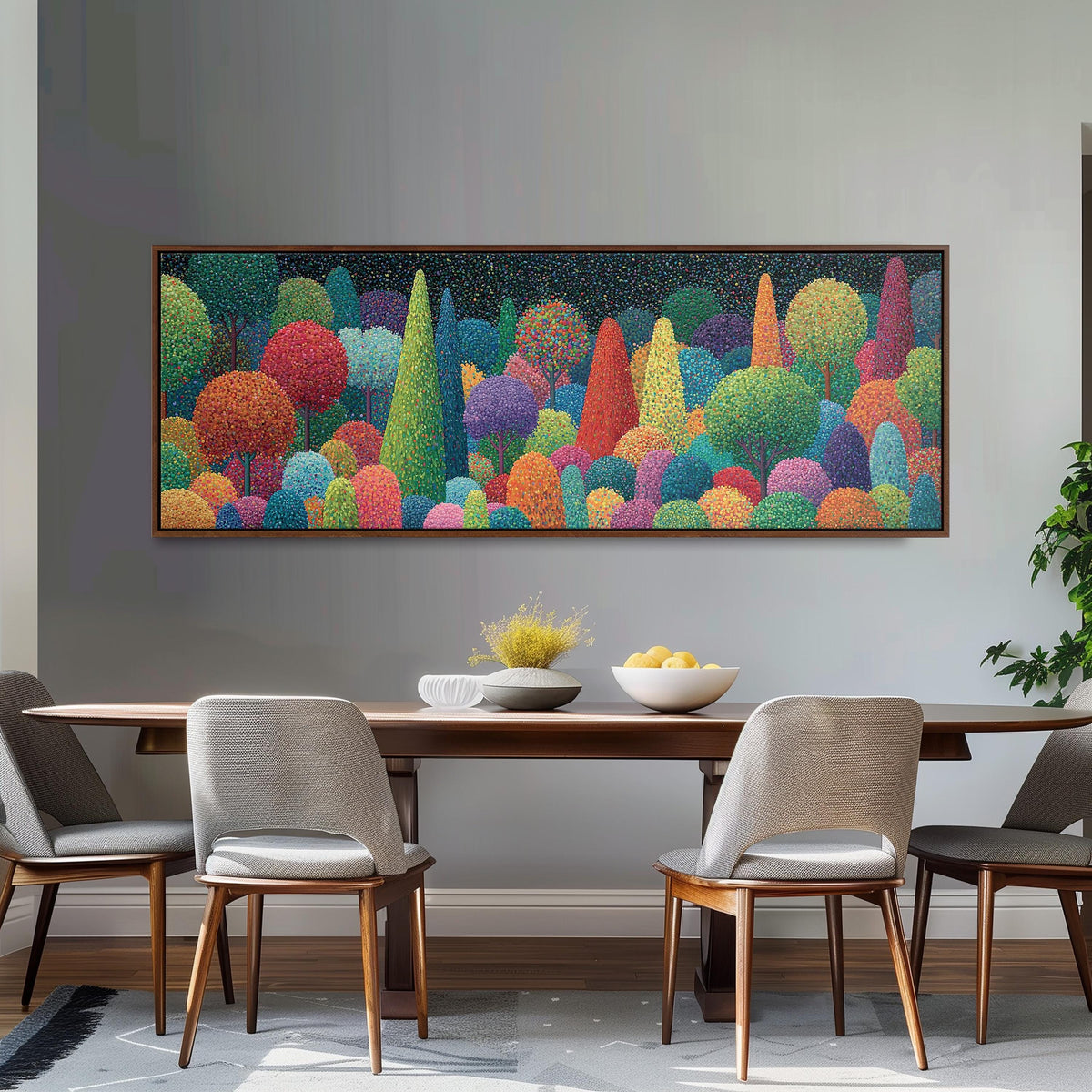 Whimsical rainbow pointillist forest long horizontal canvas print above a dining table