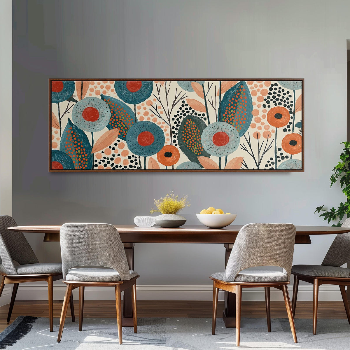 Teal poppies and speckled leaves long horizontal canvas print above a dining table
