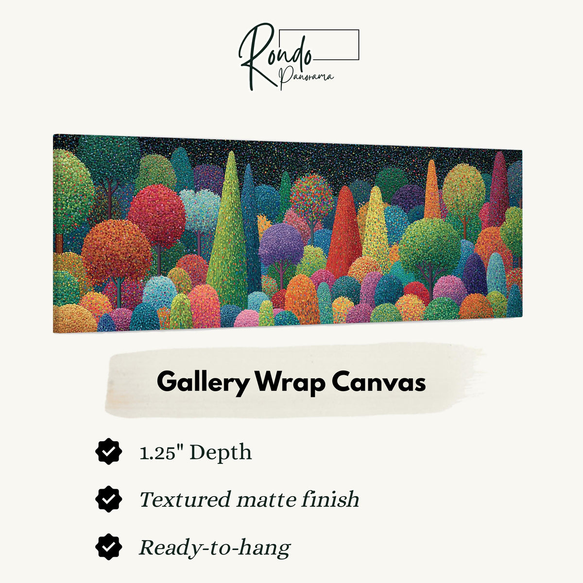 Whimsical rainbow pointillist forest gallery wrap canvas with the image wrapped around the edges