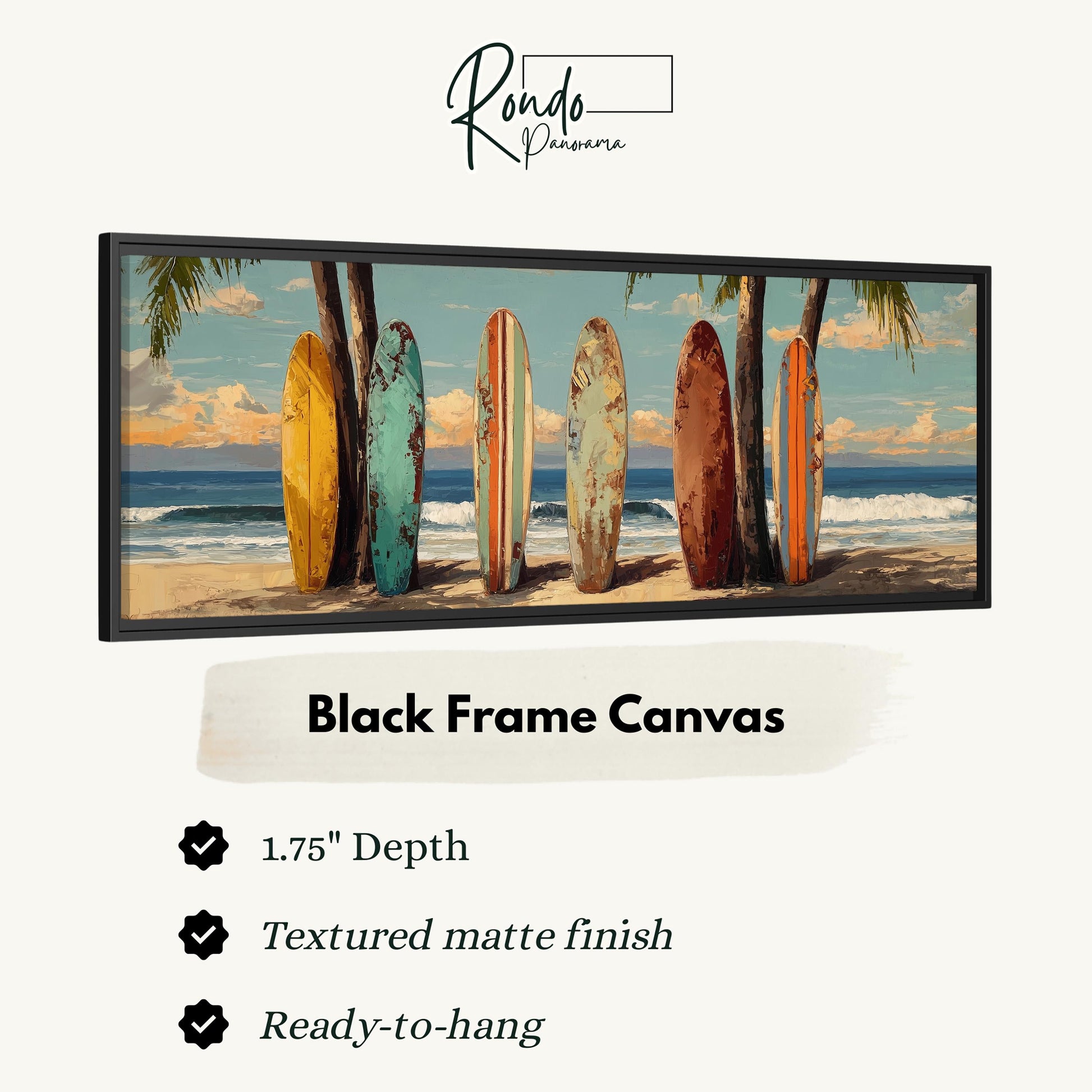 A framed artwork depicting a beach scene with a row of colorful surfboards leaning against palm trees.