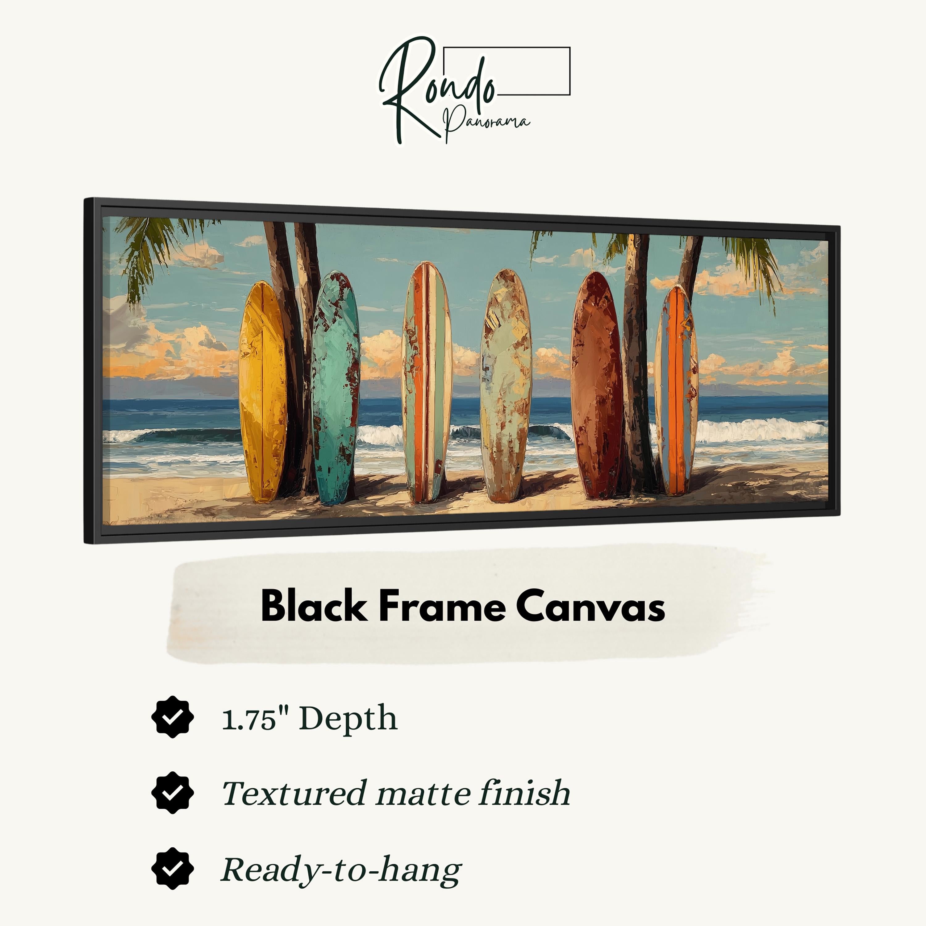 A framed artwork depicting a beach scene with a row of colorful surfboards leaning against palm trees.