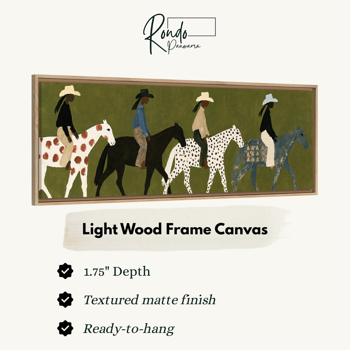 Riders on spotted ponies on olive green canvas print in a light wood floating frame