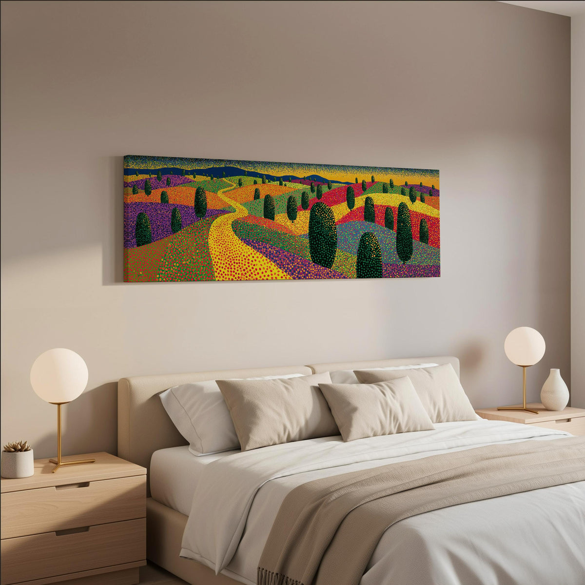 Colorful dotted garden with a winding path wide panoramic canvas print above a bed in a neutral bedroom