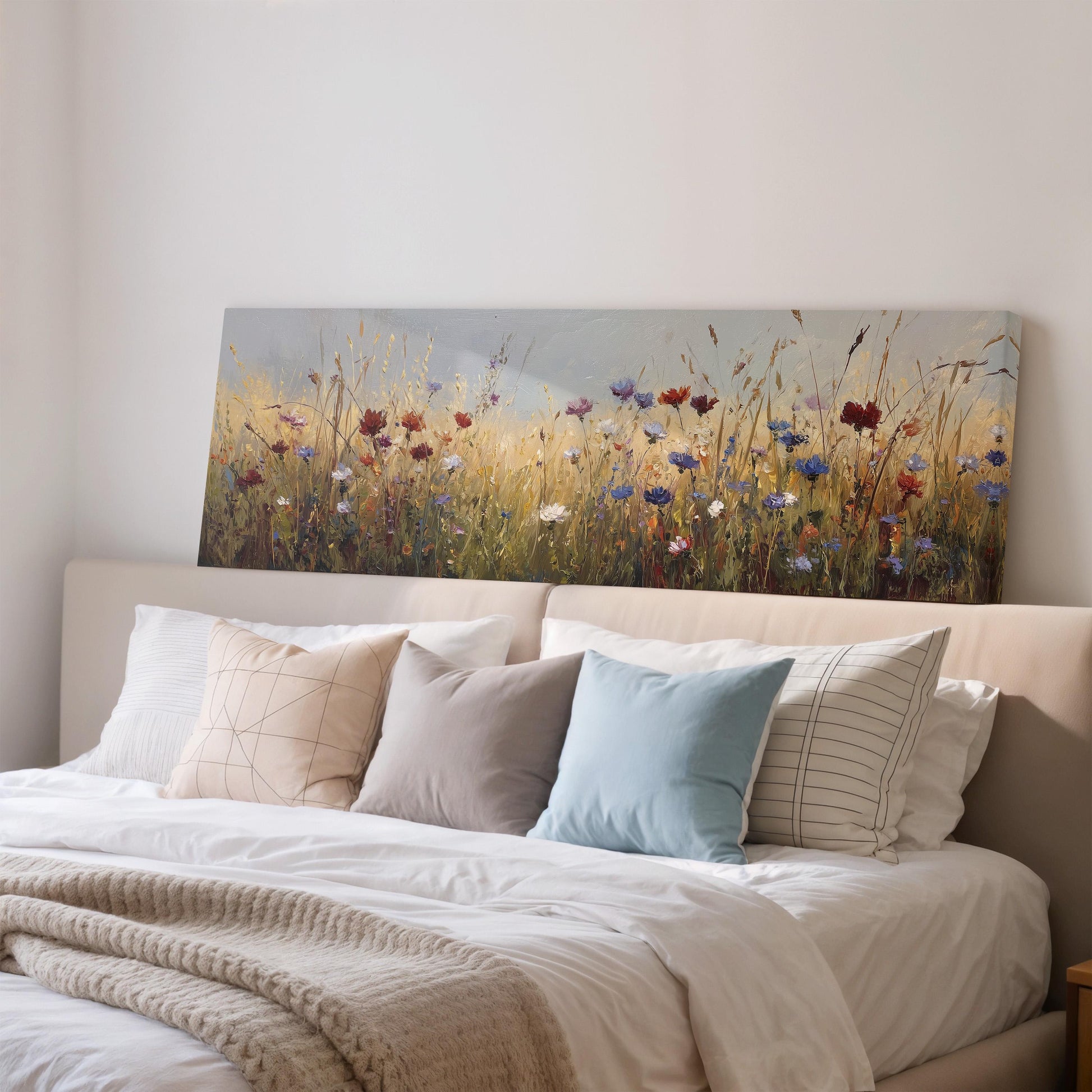 a large painting of a field of flowers hanging above a bed with white pillows and a gray blanket.