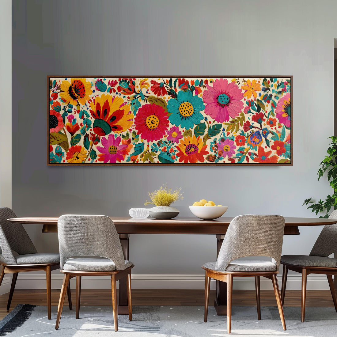 a large, colorful floral print hanging on a wall above a brown sofa.