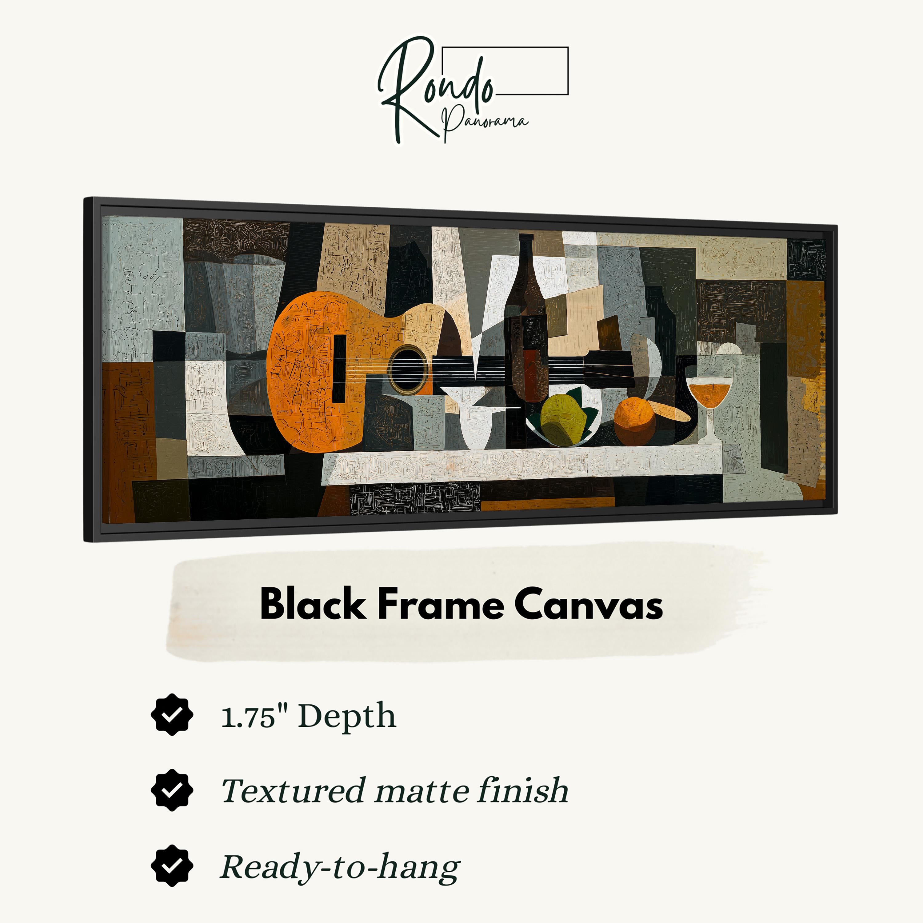 The image is a black frame canvas featuring an abstract painting of a guitar, wine glasses, and a bowl of fruit.
