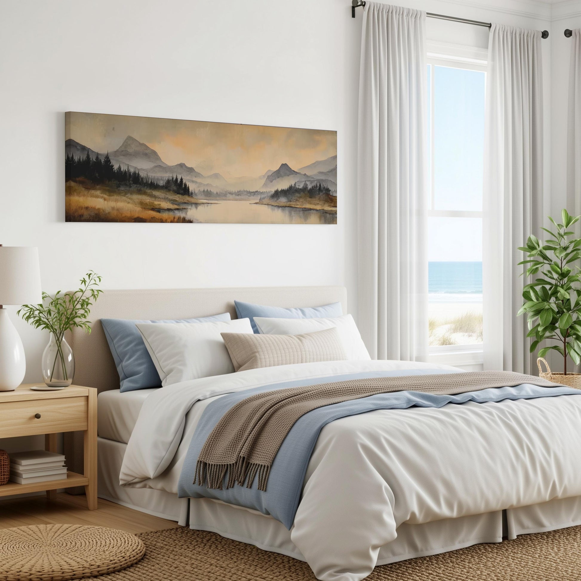 a serene bedroom with a large bed, a painting of a mountain landscape on the wall, and a window overlooking the ocean.