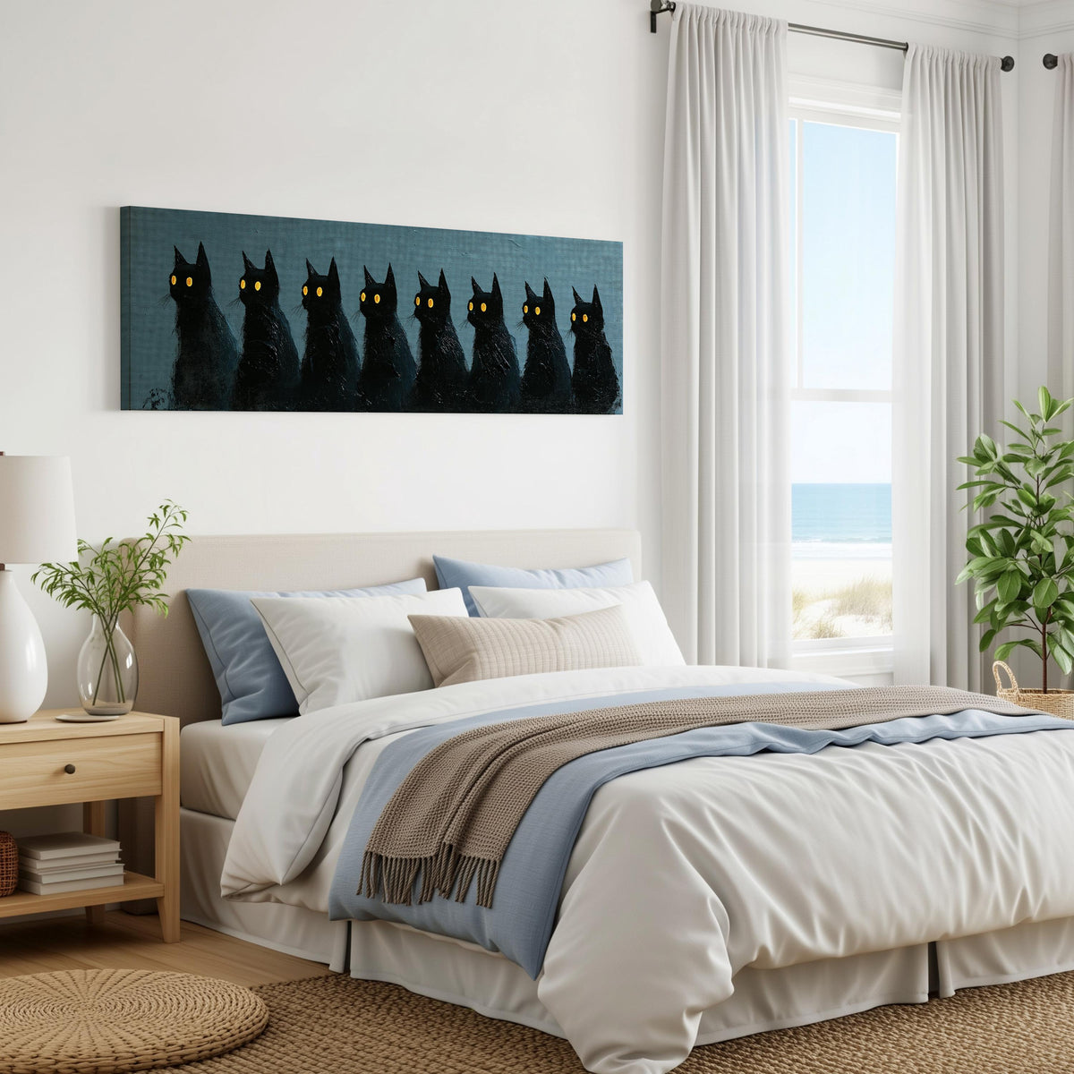 Row of black cats with glowing eyes panoramic canvas print above a bed in a coastal bedroom