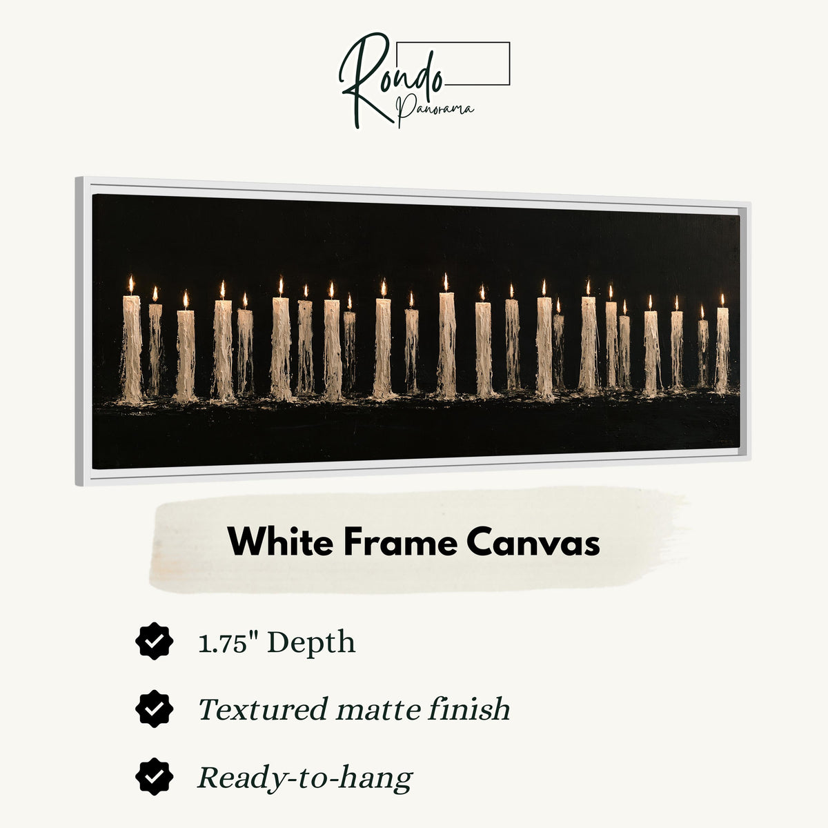 Long row of flickering candles canvas print in a white floating frame