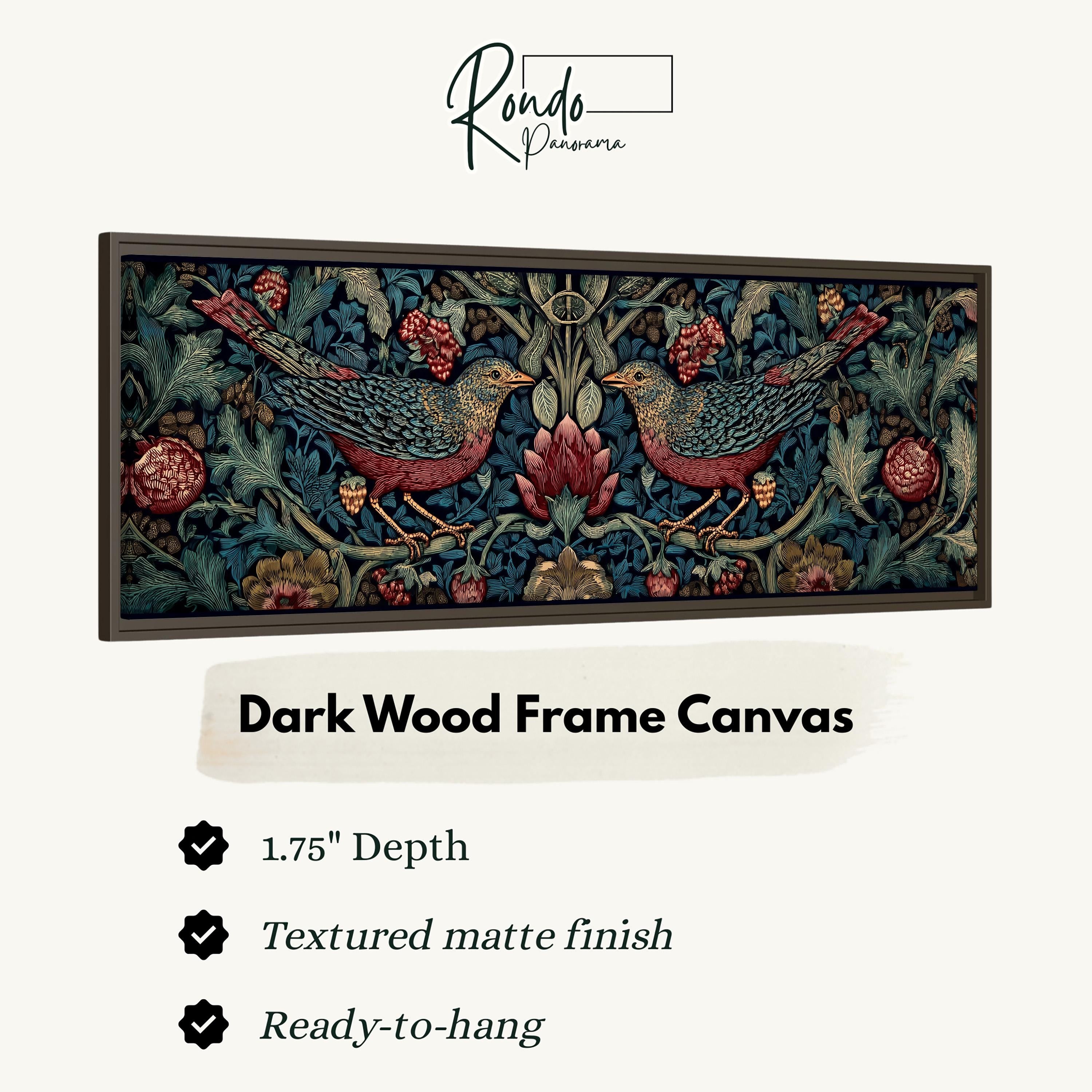 a dark wood frame canvas with a detailed floral and bird motif. The frame is described as having a 1.75" depth, a textured matte finish, and is ready-to-hang.