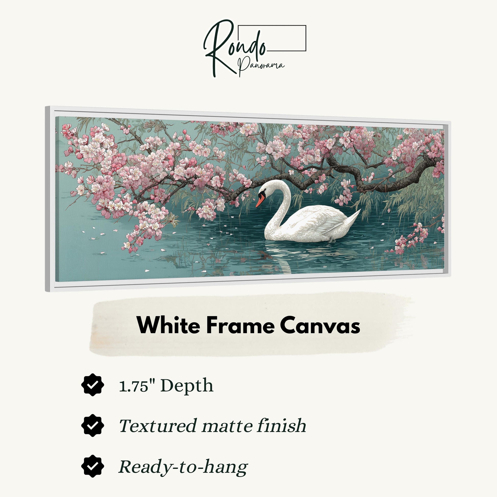 A white swan swimming in a pond with pink flowers, framed as a canvas artwork.