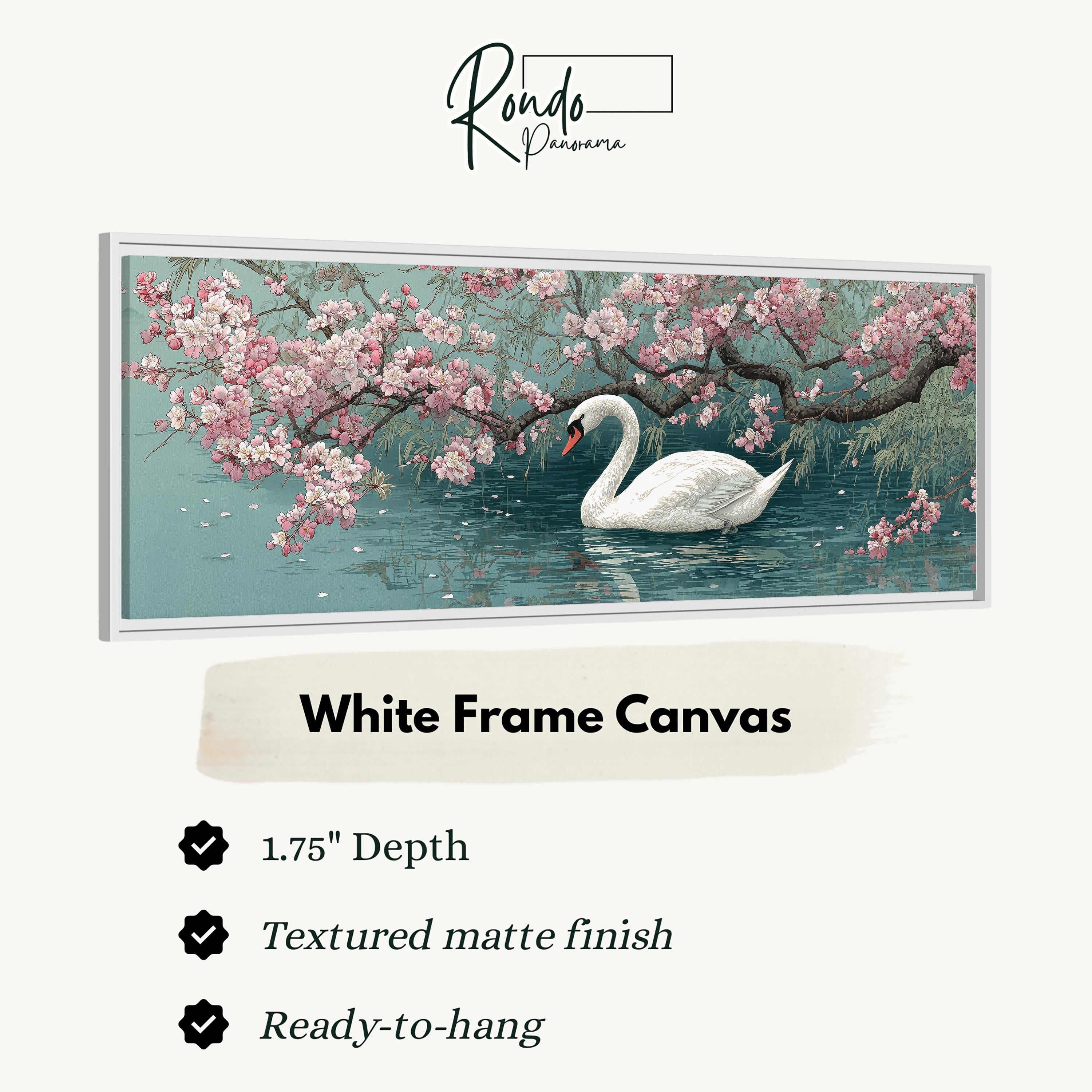 A white swan swimming in a pond with pink flowers, framed as a canvas artwork.