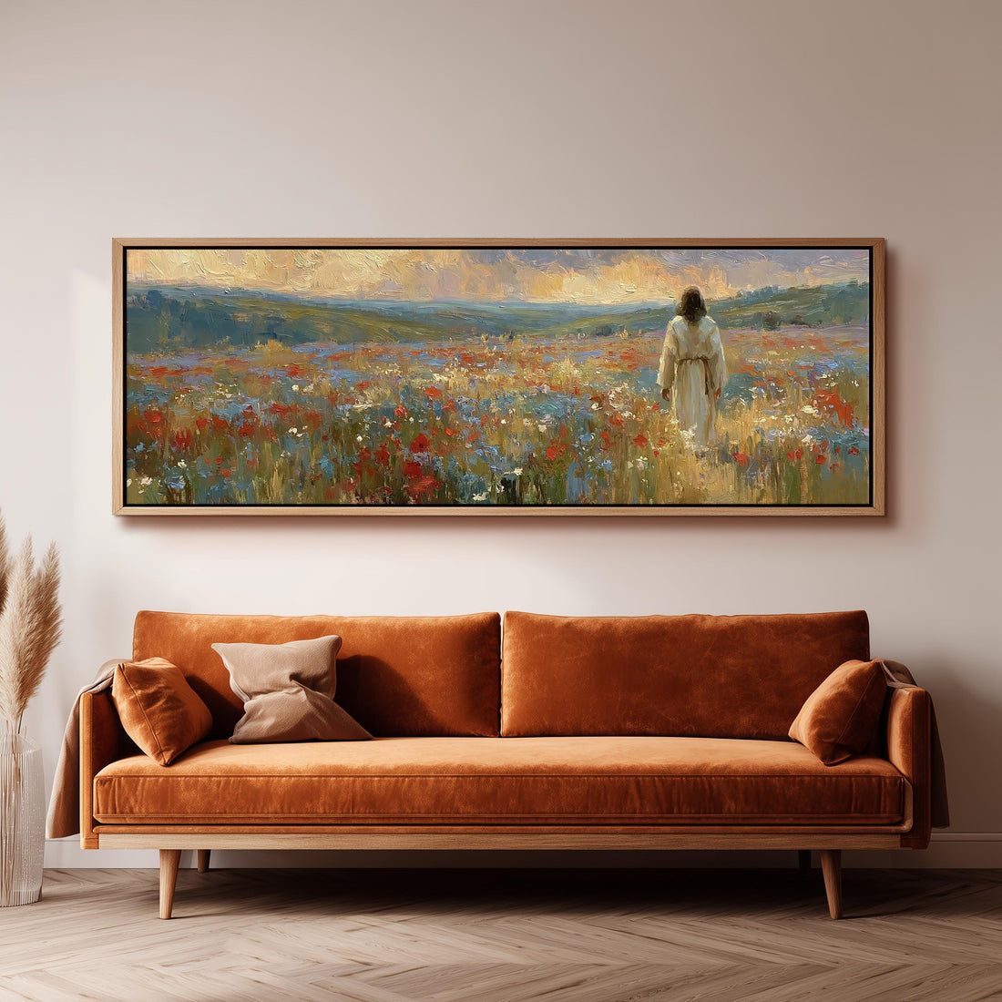 Jesus walking through a poppy field long horizontal canvas print above a sofa in a living room