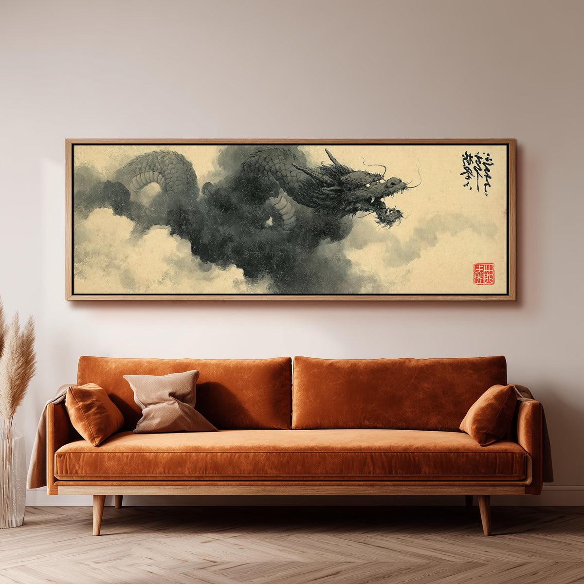 Storm dragon emerging from ink clouds long horizontal canvas print displayed on a wall