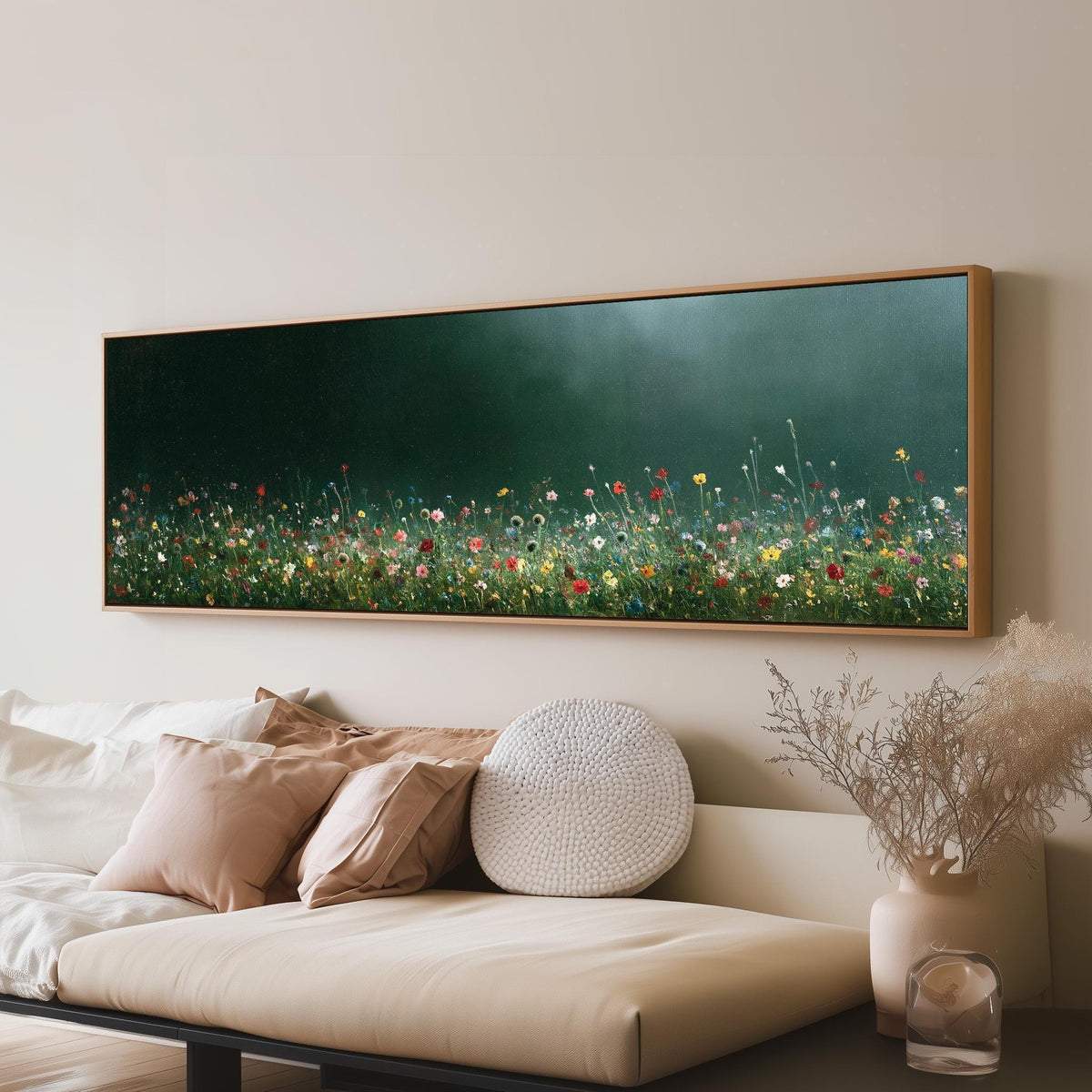 Wildflower field under a misty teal sky long horizontal canvas print above a sofa in a living room