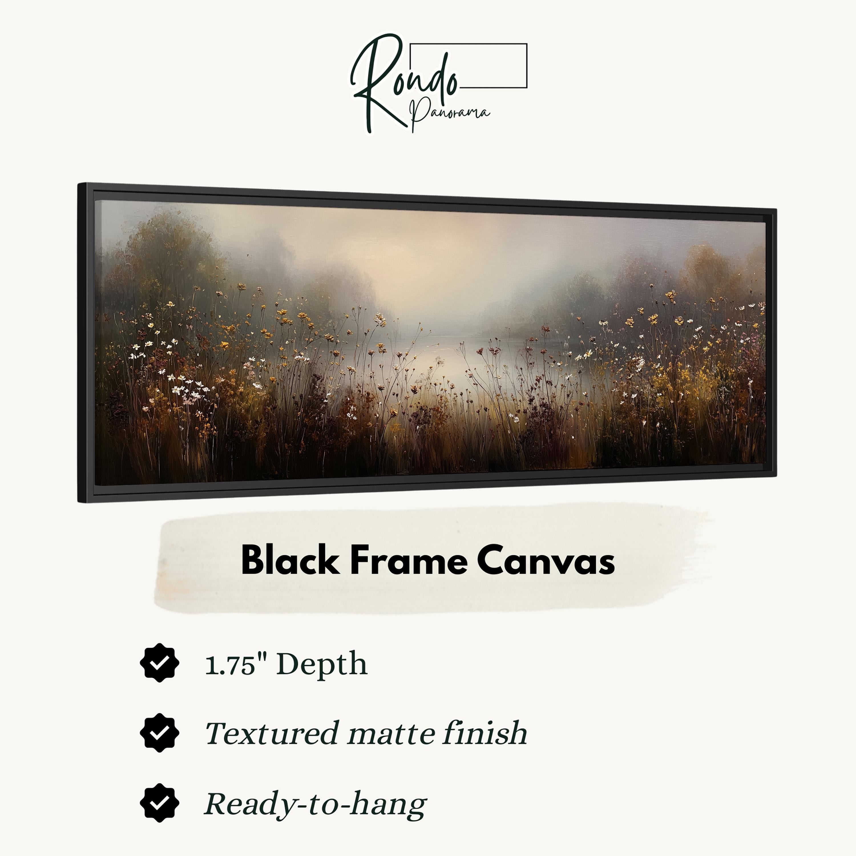 The image is a black frame canvas depicting a field of flowers with a misty background.