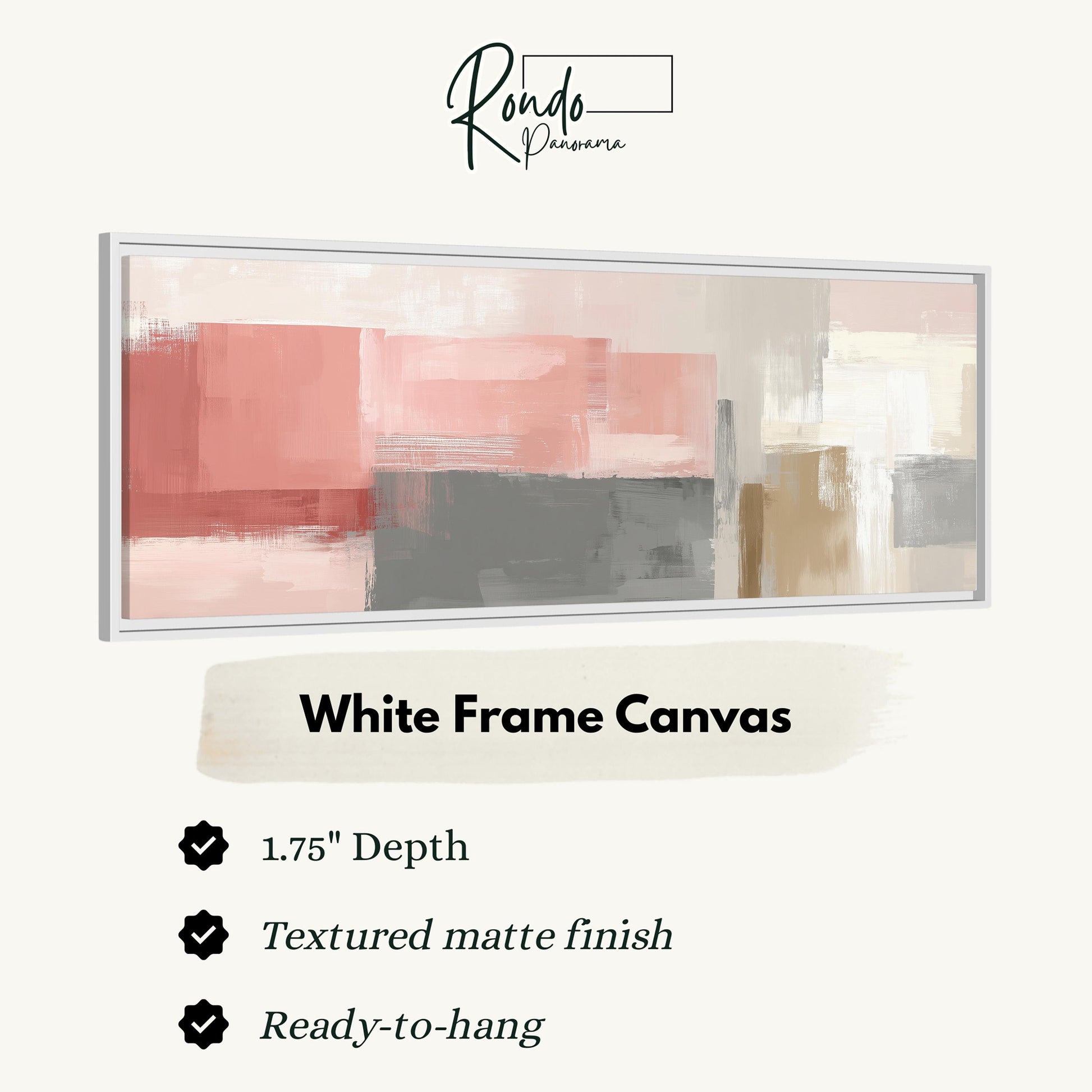 The image is a product advertisement for a white frame canvas. It features a large abstract painting with a pink and gray color scheme. The advertisement highlights the features of the canvas, such as its 1.75" depth, textured matte finish, and ready-to-hang nature.