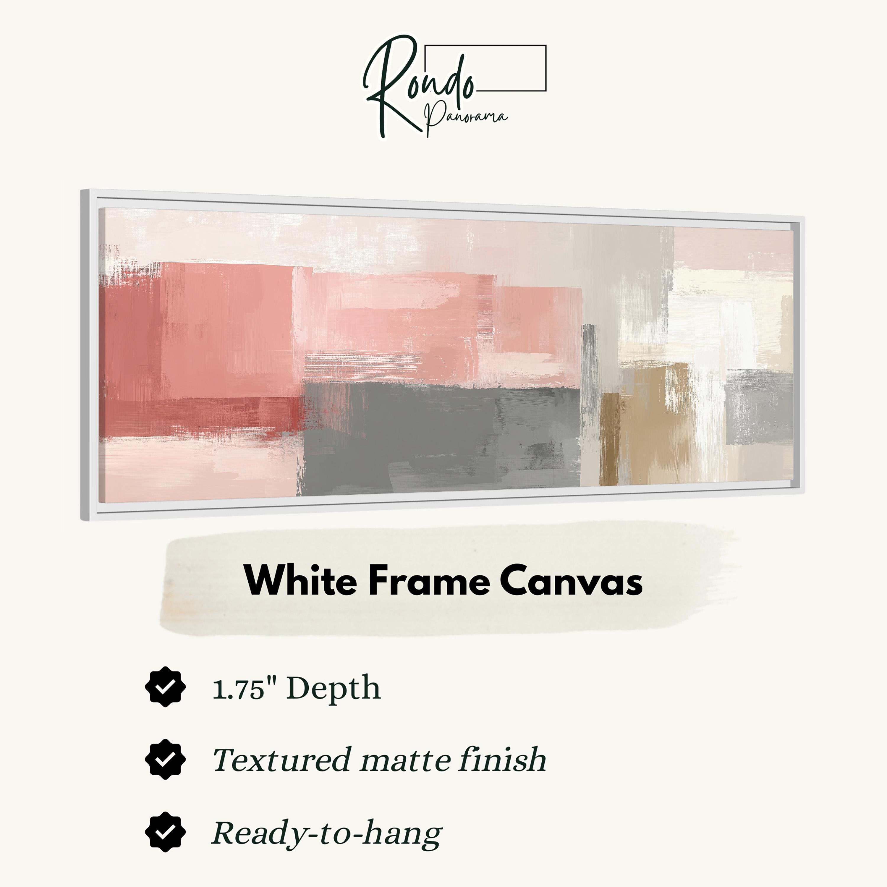 The image is a product advertisement for a white frame canvas. It features a large abstract painting with a pink and gray color scheme. The advertisement highlights the features of the canvas, such as its 1.75" depth, textured matte finish, and ready-to-hang nature.
